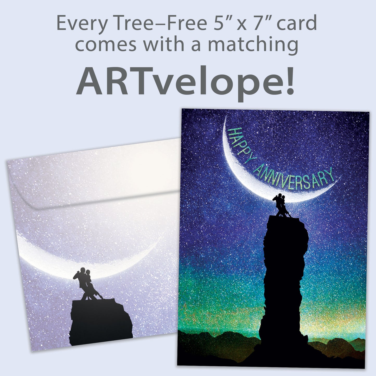 Front view of an Anniversary greeting card featuring a couple dancing in the moonlight with the words "Happy Anniversary," with matching envelope artwork.
