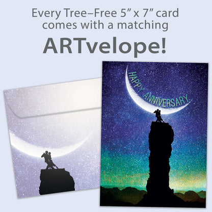 Front view of an Anniversary greeting card featuring a couple dancing in the moonlight with the words "Happy Anniversary," with matching envelope artwork.