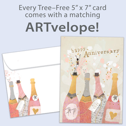 Front view of an Anniversary greeting card featuring champagne bottles and the words "Happy Anniversary," with matching envelope artwork.