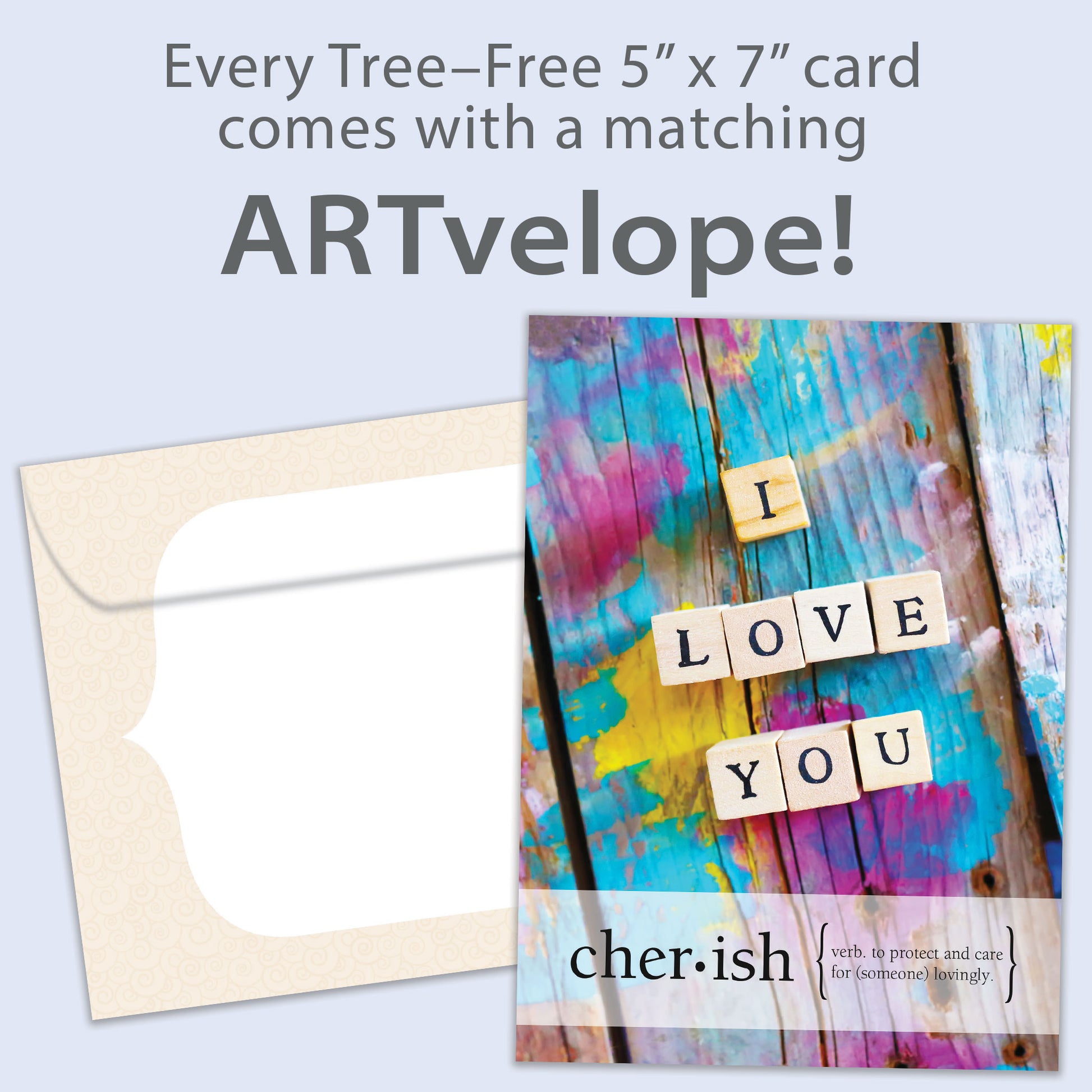 Front view of an Anniversary greeting card featuring the words "I love you" and "cherish," with matching envelope artwork.