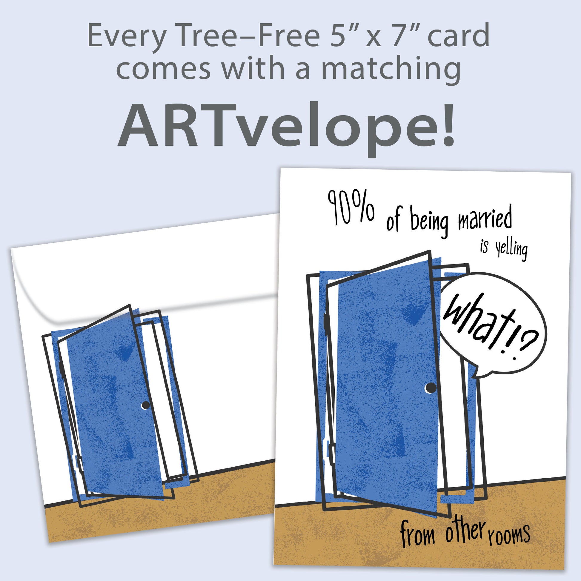 Front view of an Anniversary greeting card featuring the funny message about marriage: "90 percent of being married is yelling 'What?' from the other rooms," with matching envelope artwork.