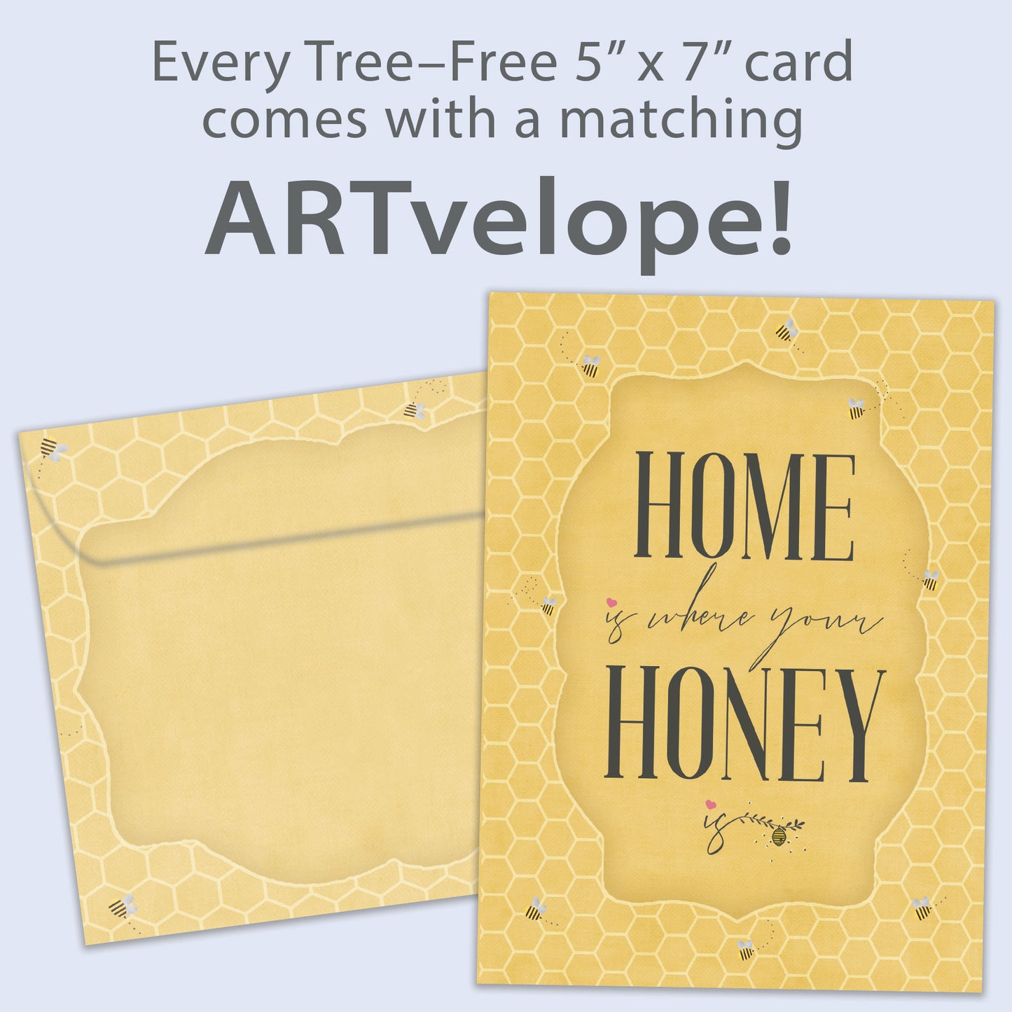 Front view of an Anniversary greeting card featuring a golden honeycomb background and warm message, with matching envelope artwork.