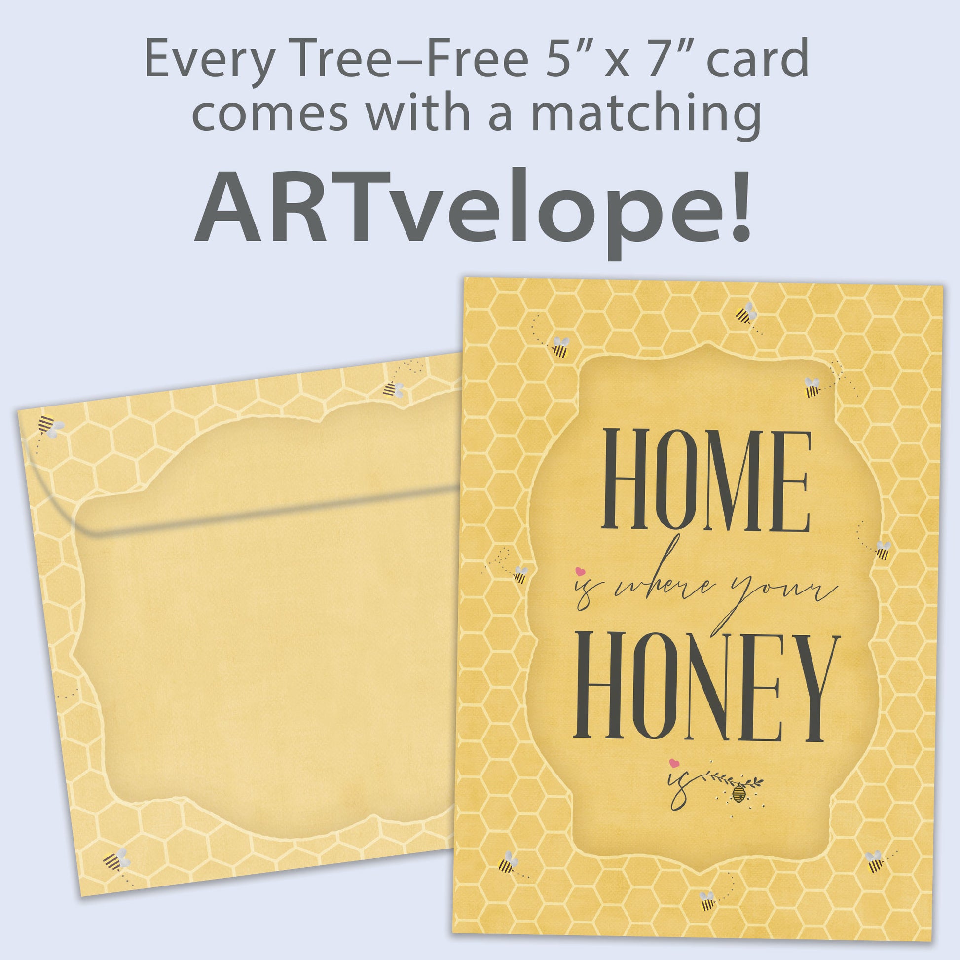 Front view of an Anniversary greeting card featuring a golden honeycomb background and warm message, with matching envelope artwork.