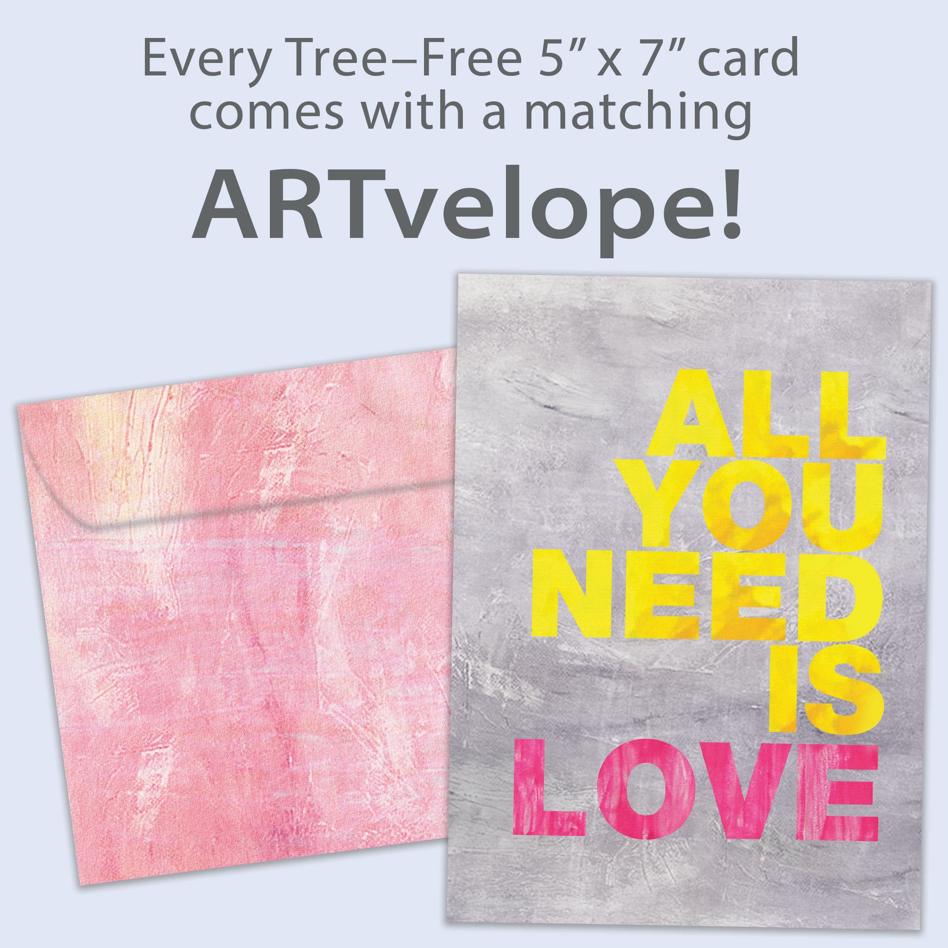 Front view of an Anniversary greeting card featuring the lively message "All you need is love," with matching envelope artwork.