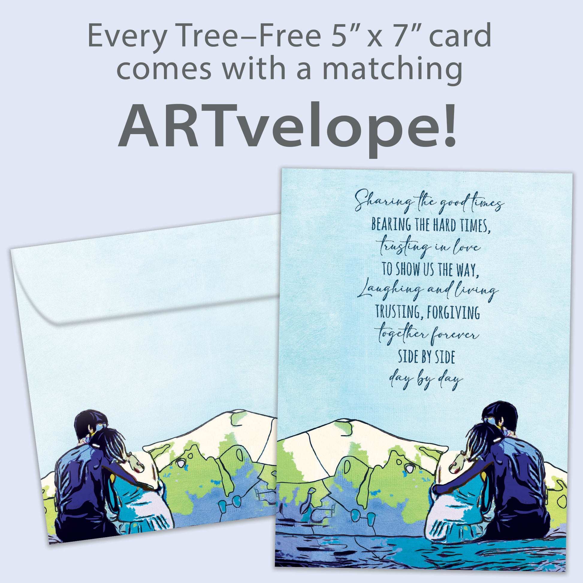 Front view of an Anniversary greeting card featuring an affectionate couple illustration and a message of togetherness, with matching envelope artwork.