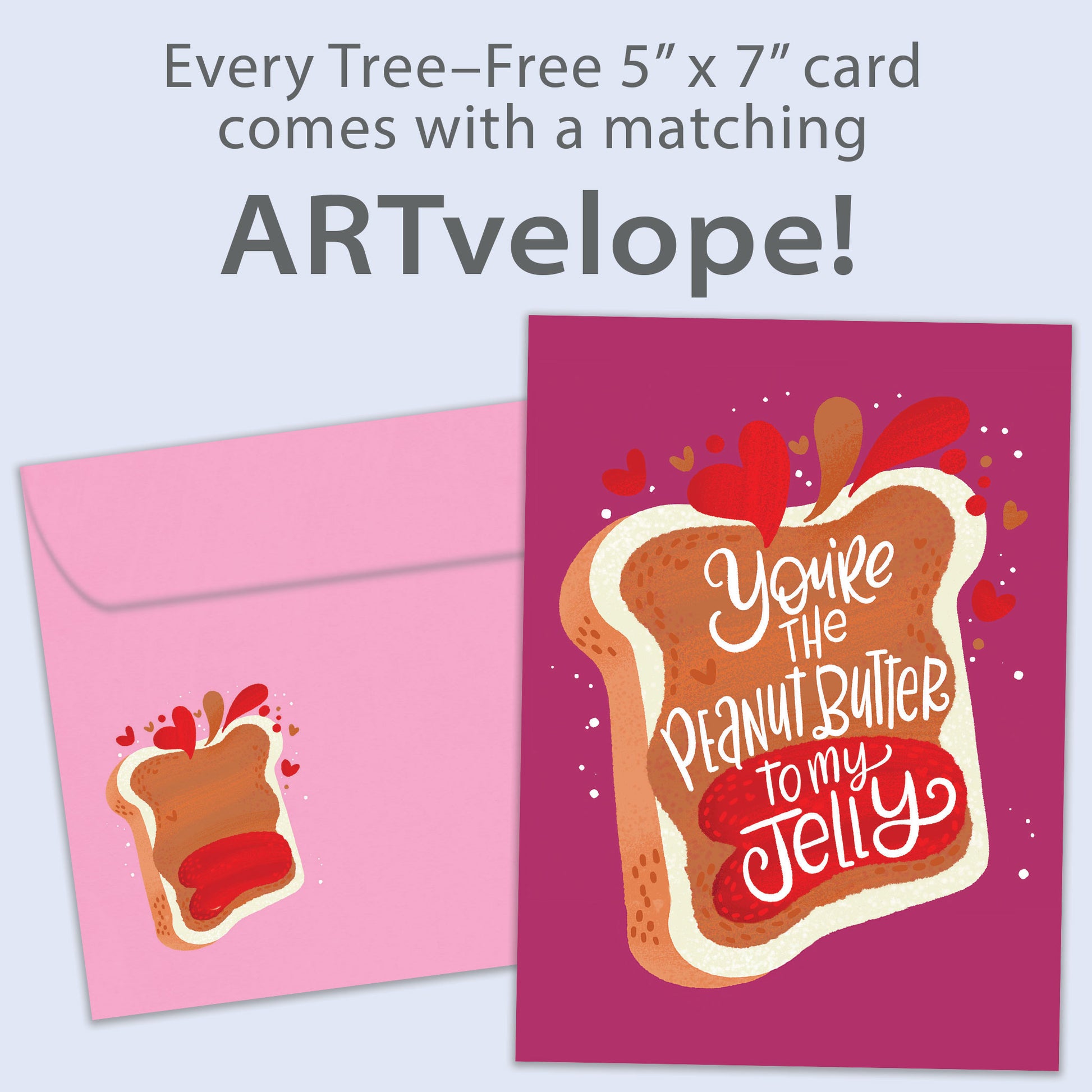 Front view of an Anniversary greeting card featuring the phrase "You're the peanut butter to my jelly" and a charming illustration, with matching envelope artwork.
