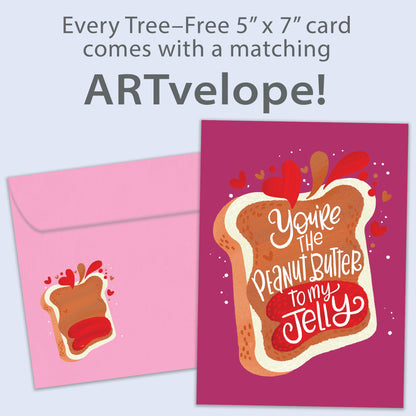 Front view of an Anniversary greeting card featuring the phrase "You're the peanut butter to my jelly" and a charming illustration, with matching envelope artwork.