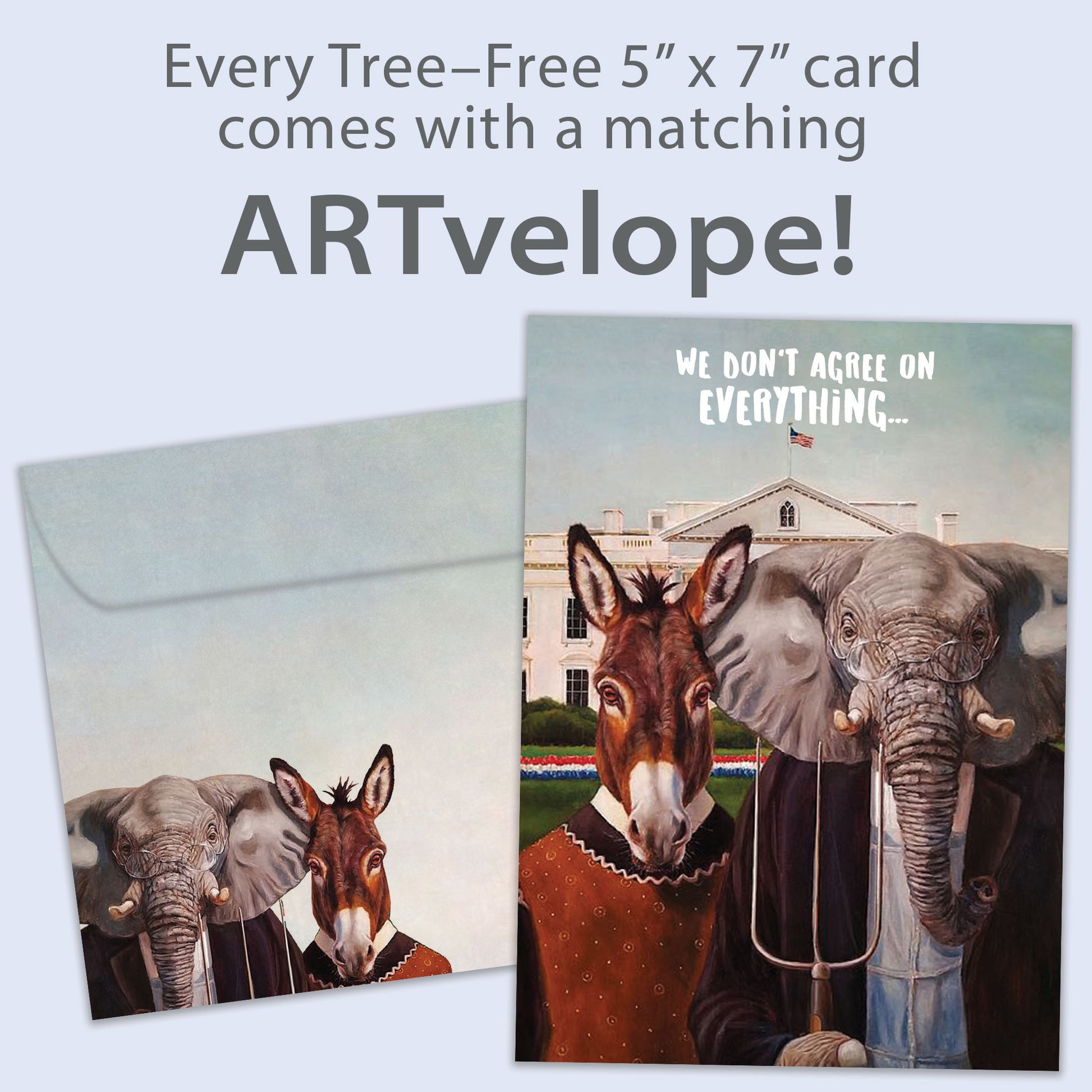 Front view of an Anniversary greeting card featuring a charming illustration of a mule and elephant as a married couple, with matching envelope artwork.