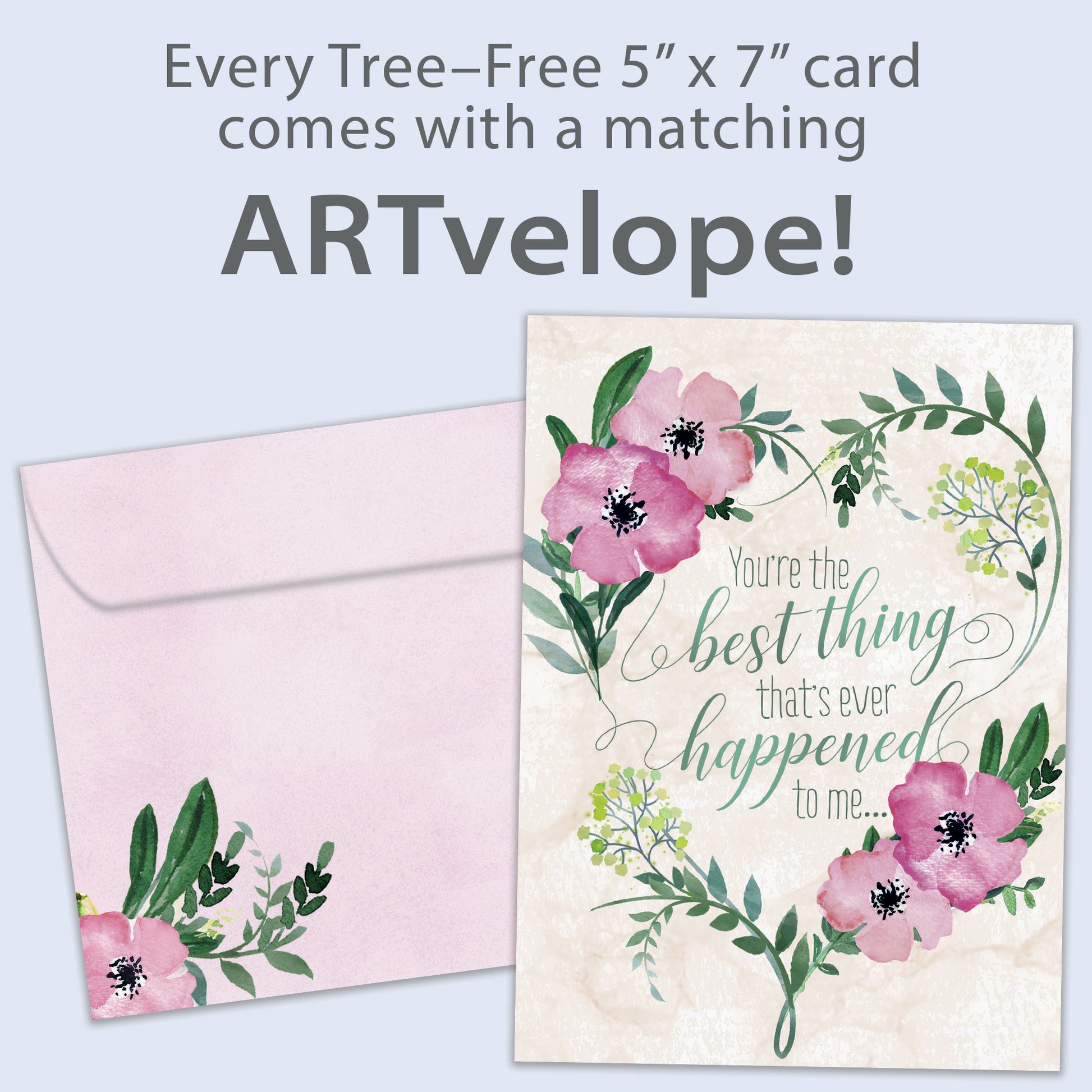 Front view of an Anniversary greeting card featuring a beautiful pink and green floral design, with matching envelope artwork.