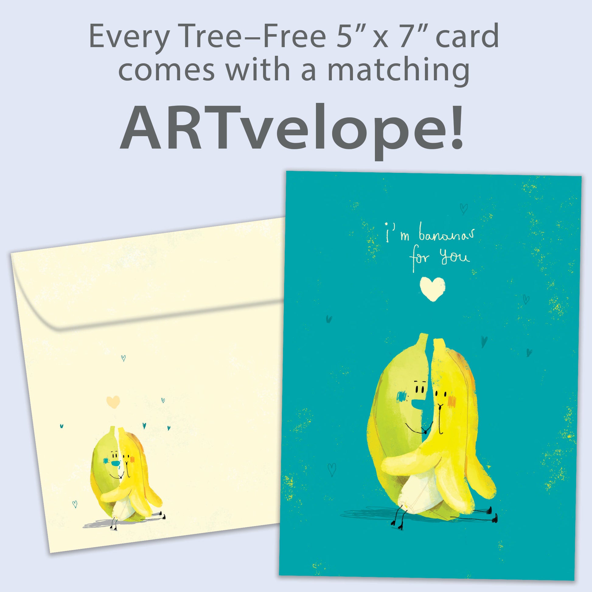 Front view of an Anniversary greeting card featuring two cute bananas hugging on a teal background, with matching envelope artwork.