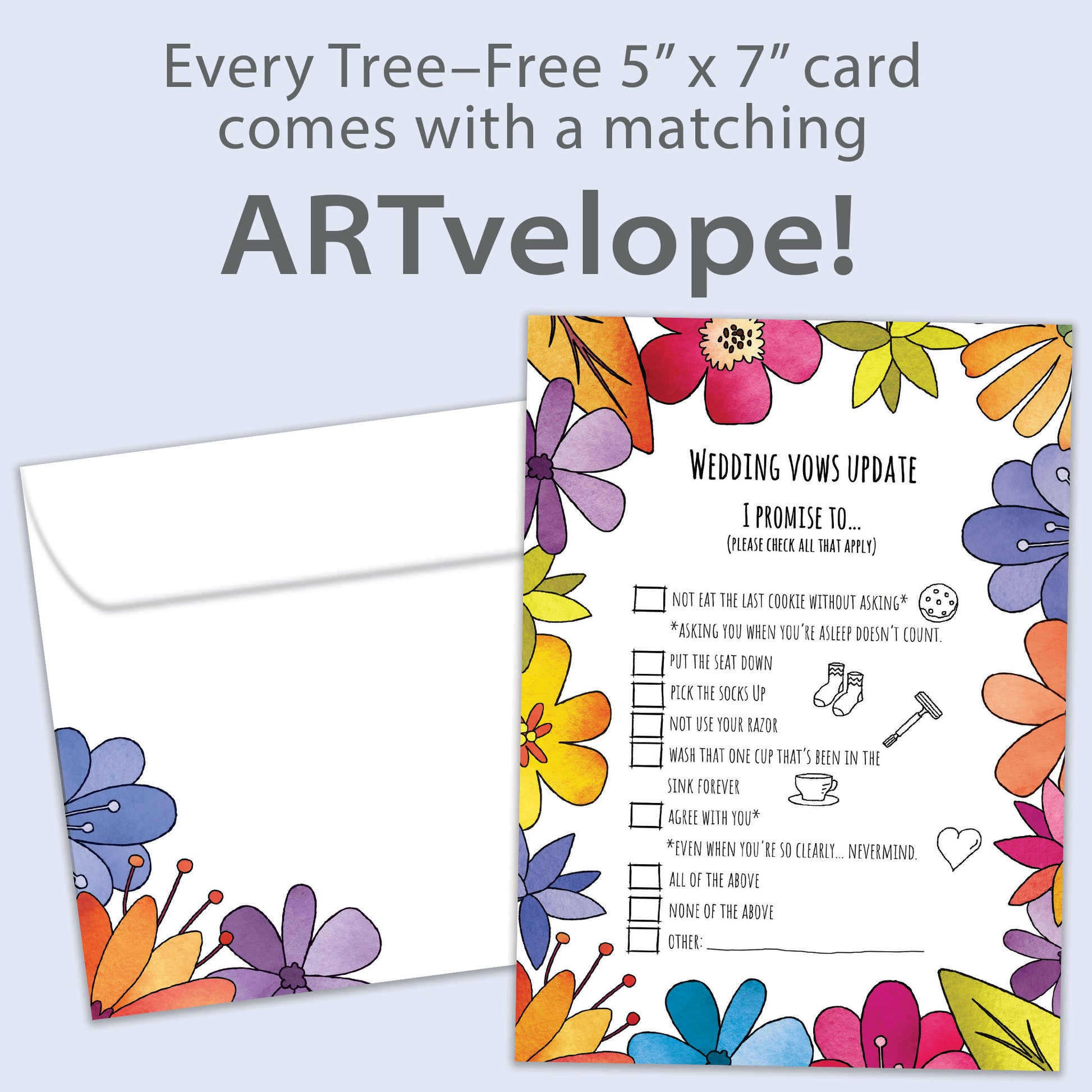 Front view of an Anniversary greeting card featuring a list of wedding vows update, with matching floral envelope artwork.
