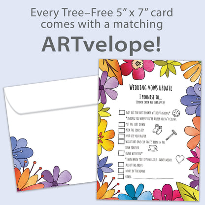 Front view of an Anniversary greeting card featuring a list of wedding vows update, with matching floral envelope artwork.