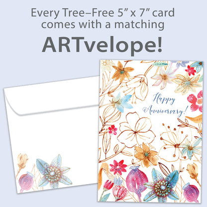 Front view of an Anniversary greeting card featuring "Happy Anniversary!" with matching floral envelope artwork.