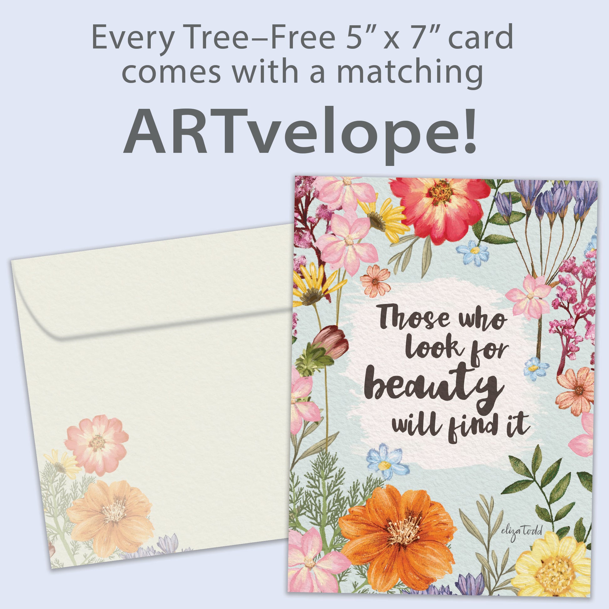 Front view of an Anniversary greeting card featuring a message about finding beauty with matching floral envelope artwork.
