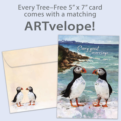 Front view of an Anniversary greeting card featuring two puffins by the ocean, with matching envelope artwork.