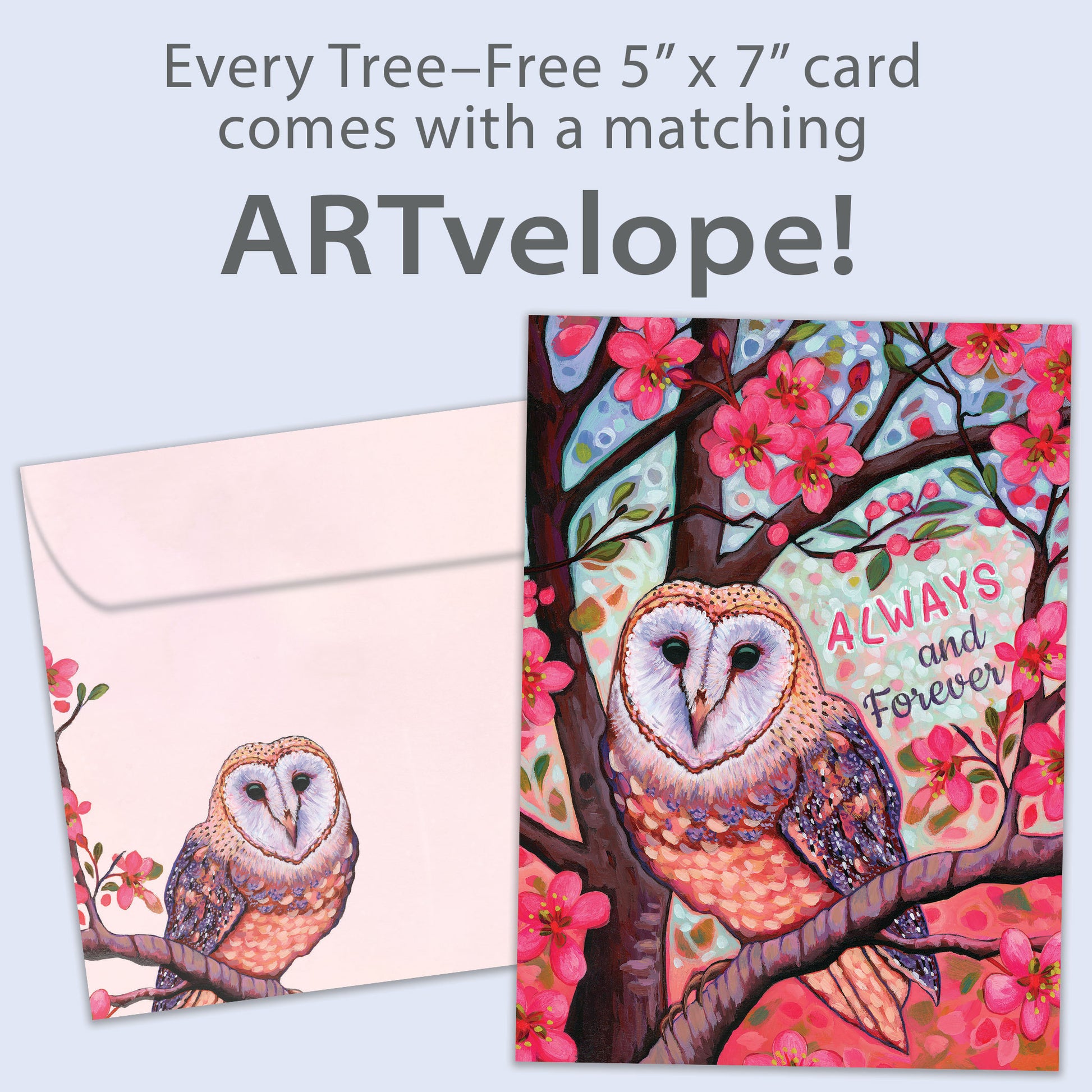 Front view of an Anniversary greeting card featuring a vibrant owl illustration and the words "Always and Forever," with matching envelope artwork.