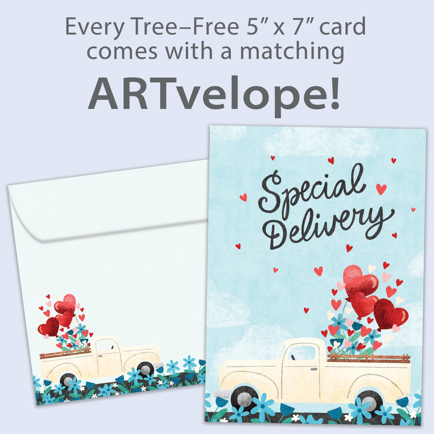 Front view of an Anniversary greeting card featuring a truck filled with hearts and the message "Special Delivery," with matching envelope artwork.