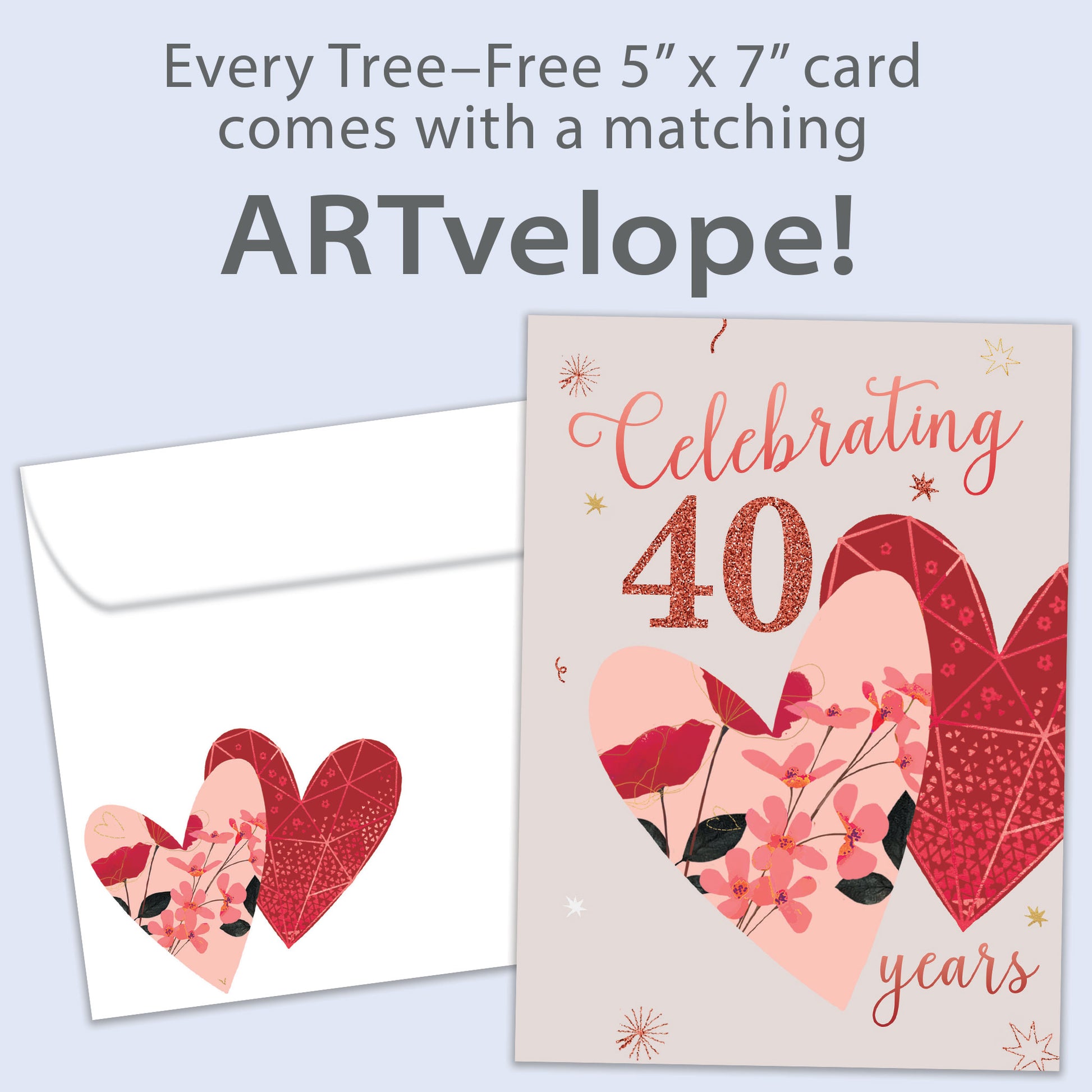 Front view of an Anniversary greeting card featuring "Celebrating 40 years" with two hearts, with matching envelope artwork.