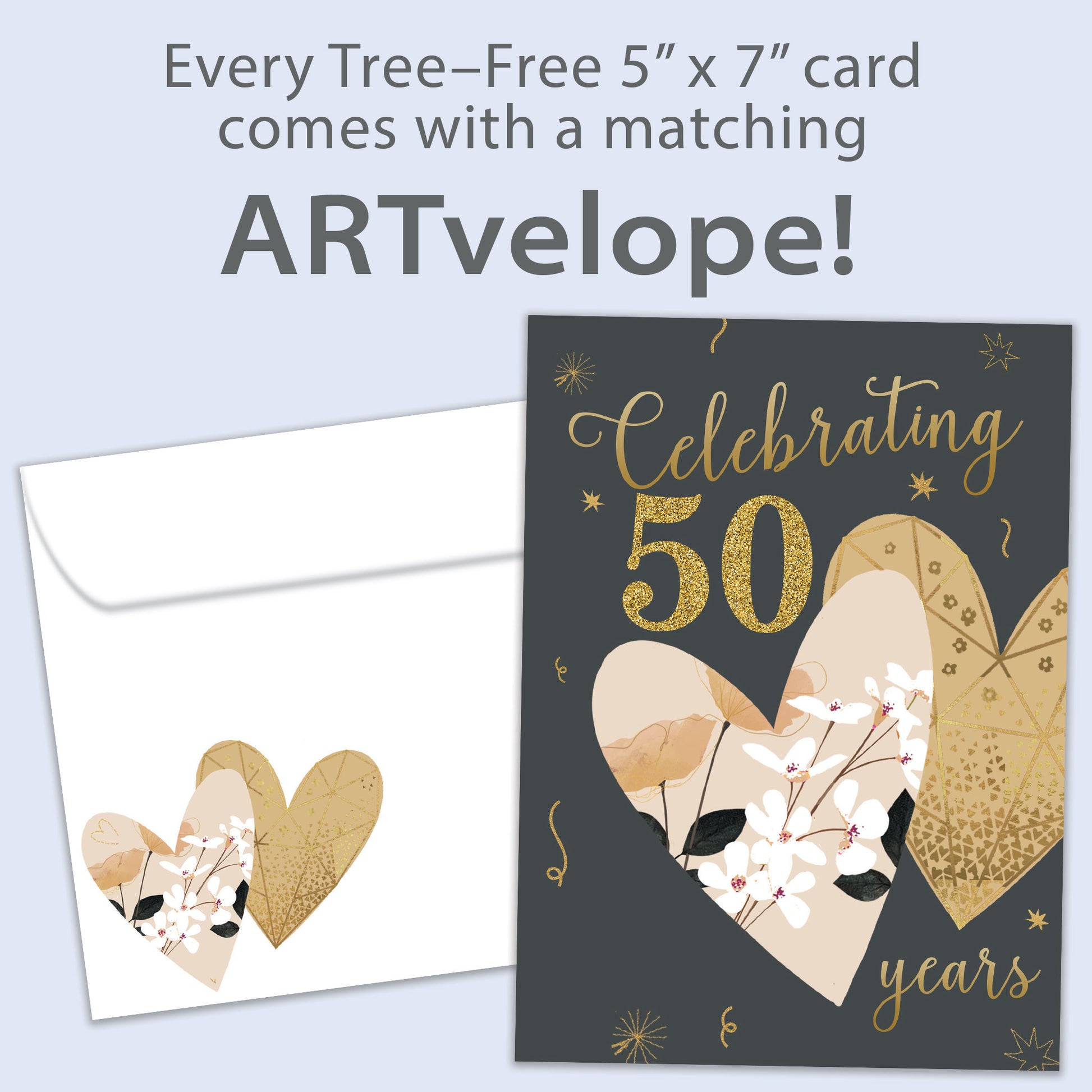 Front view of an Anniversary greeting card featuring "Celebrating 50 years" in gold on a dark background with two hearts, with matching envelope artwork. 