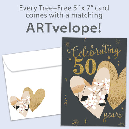 Front view of an Anniversary greeting card featuring "Celebrating 50 years" in gold on a dark background with two hearts, with matching envelope artwork. 