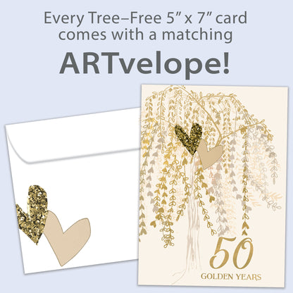 Front view of an Anniversary greeting card featuring "50 golden years" in gold writing and a tree with heart-shaped golden leaves, with matching envelope artwork.