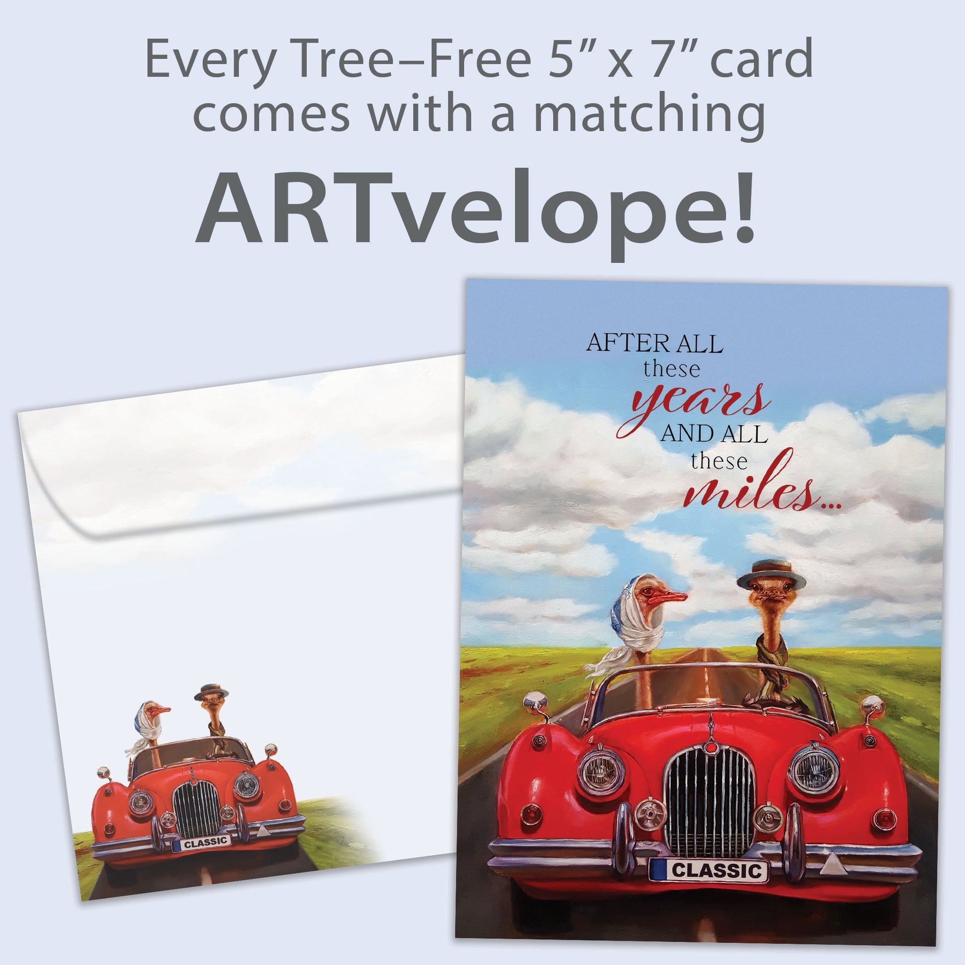 Front view of an Anniversary greeting card featuring a goose couple driving in a red car with a loving message, with matching envelope artwork.