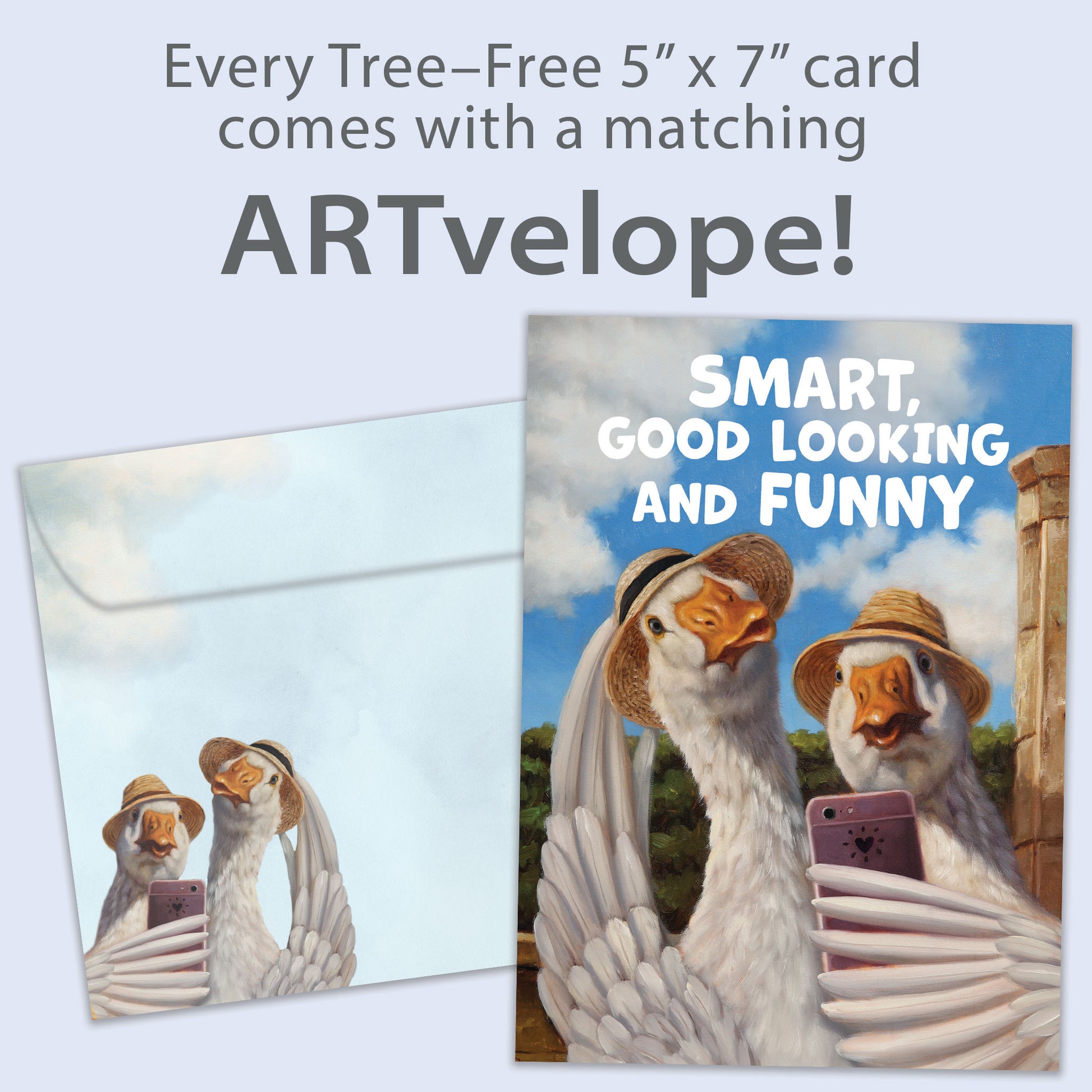 Front view of an Anniversary greeting card featuring a duck couple taking a selfie, with matching envelope artwork.