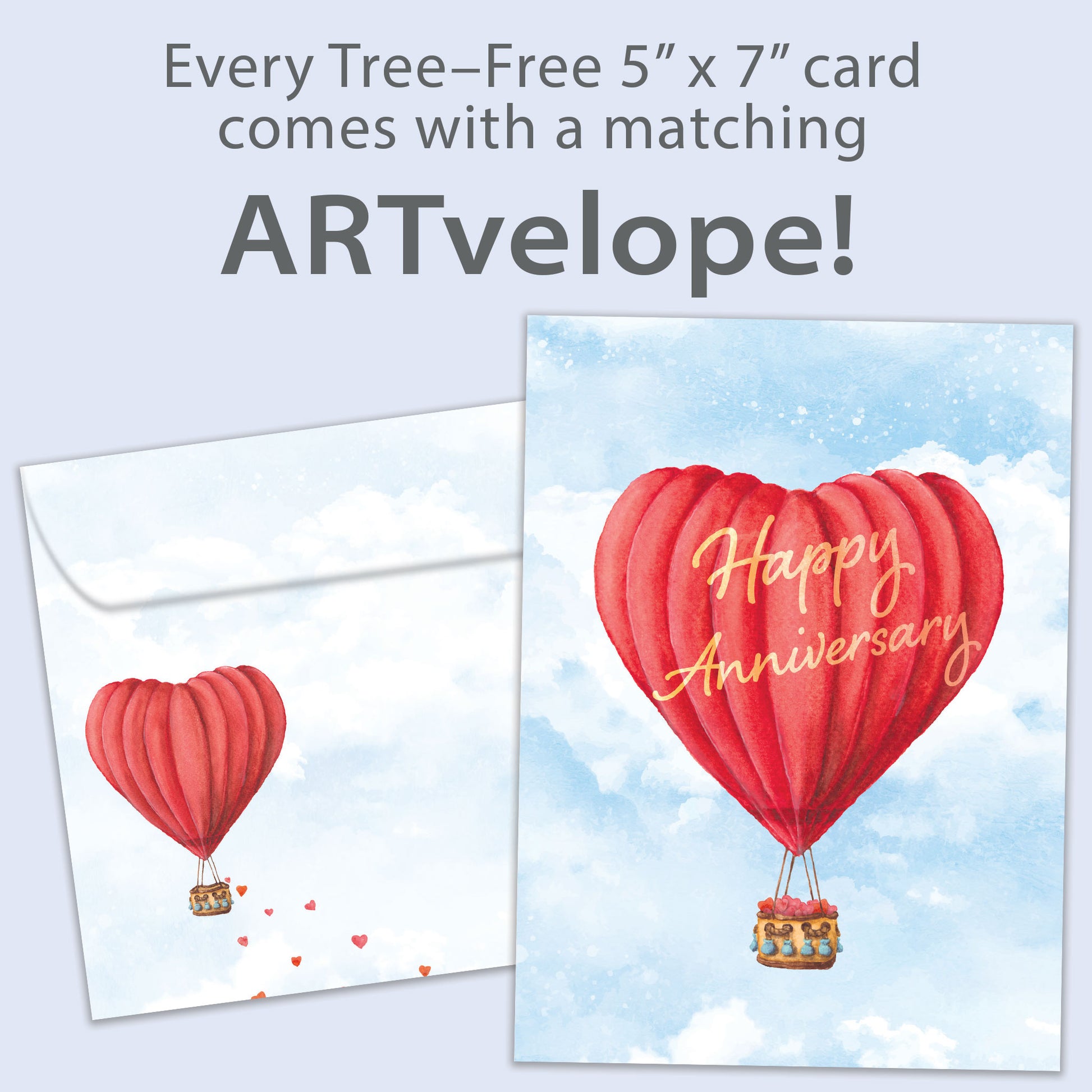 Front view of an Anniversary greeting card featuring a heart-shaped hot air balloon with the message "Happy Anniversary," with matching envelope artwork.