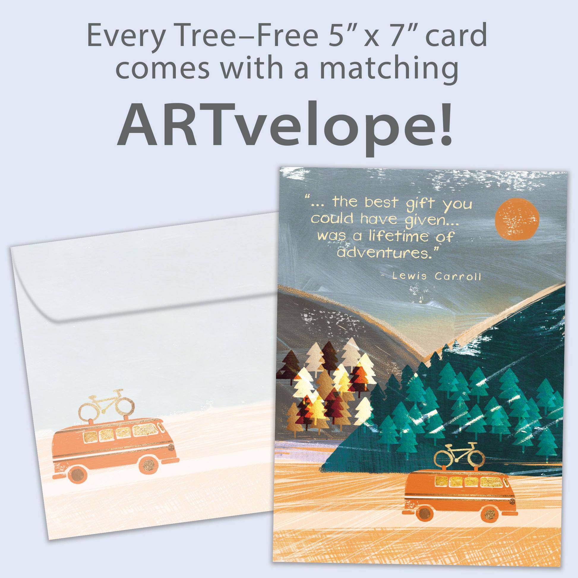 Front view of an Anniversary greeting card featuring a camper vehicle on an adventure through the mountains, with matching envelope artwork.
