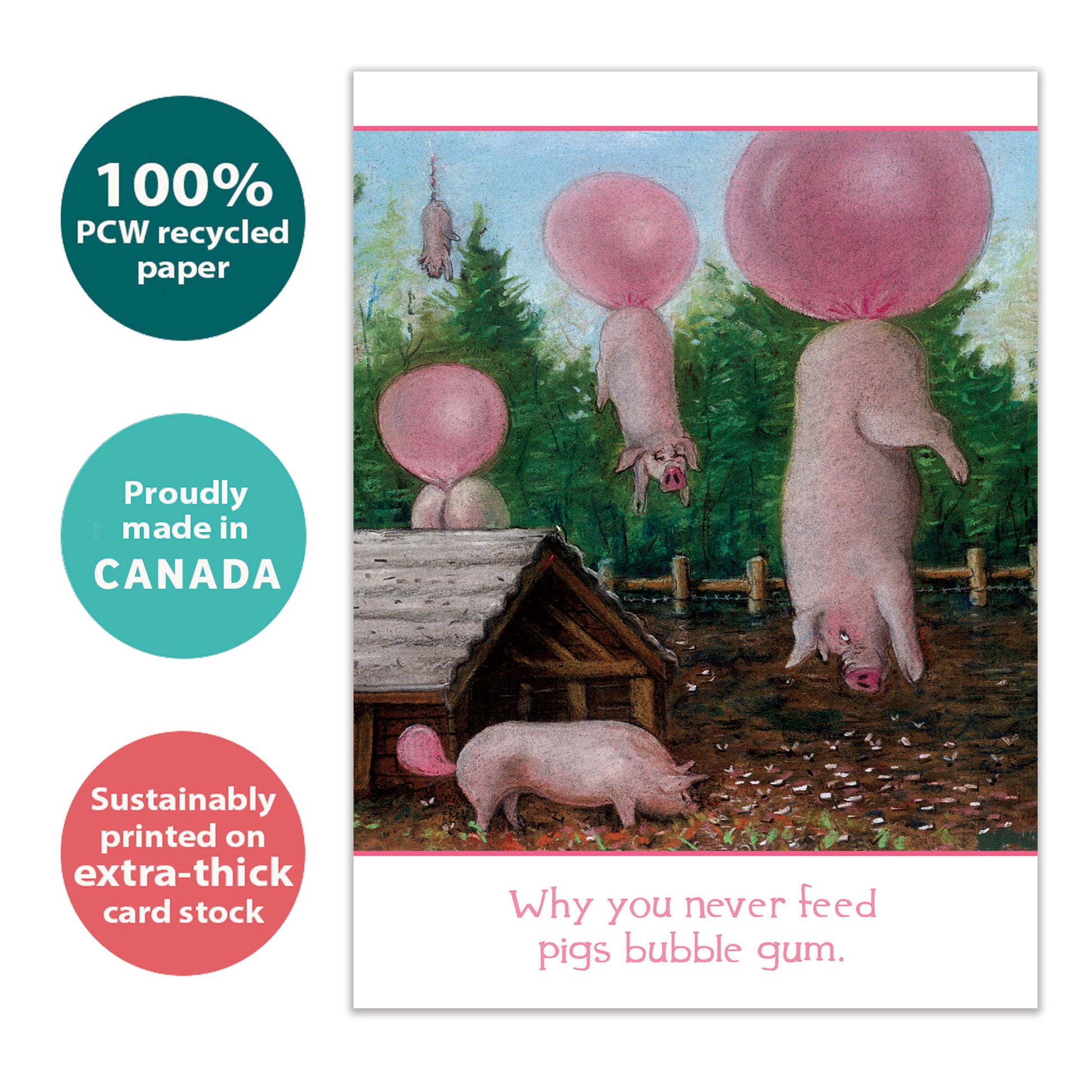 Front view of a Birthday greeting card with "Why you never feed pigs bubble gum," highlighting its eco-friendly materials and made in Canada.