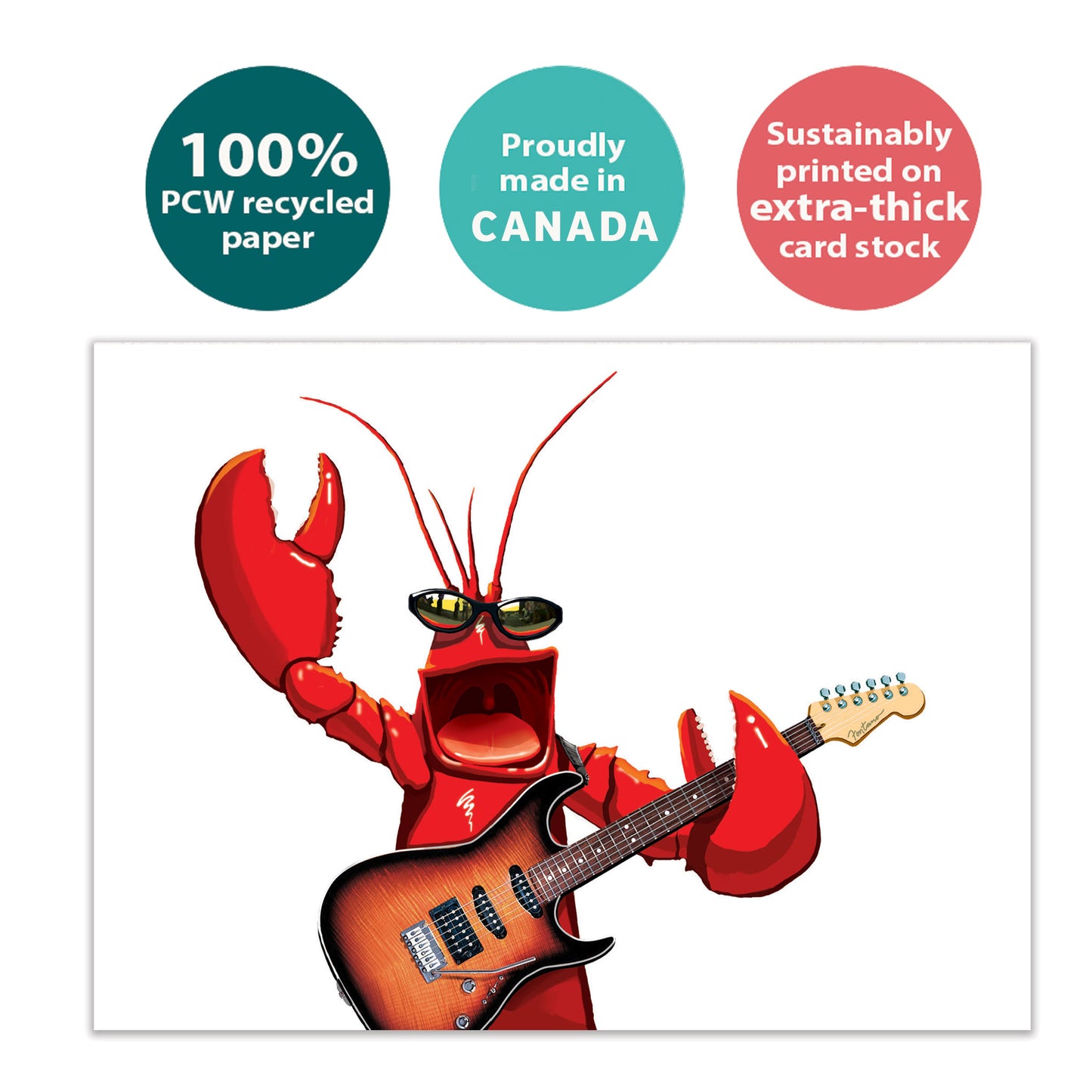 Front view of a Birthday greeting card with a lobster playing a guitar, highlighting its eco-friendly materials and made in Canada.