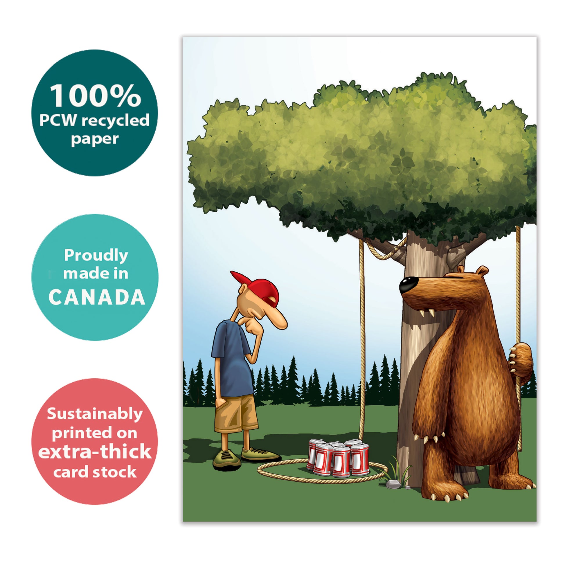 Front view of a Birthday greeting card with a bear setting a trap for a man, highlighting its eco-friendly materials and made in Canada.