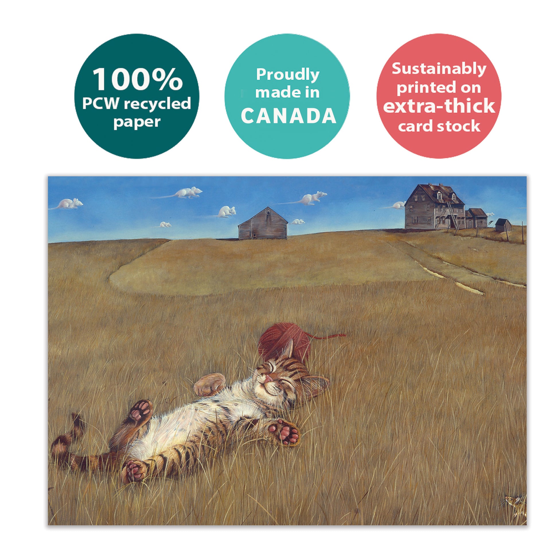 Front view of a Birthday greeting card with a cat sleeping in a farm field, highlighting its eco-friendly materials and made in Canada.