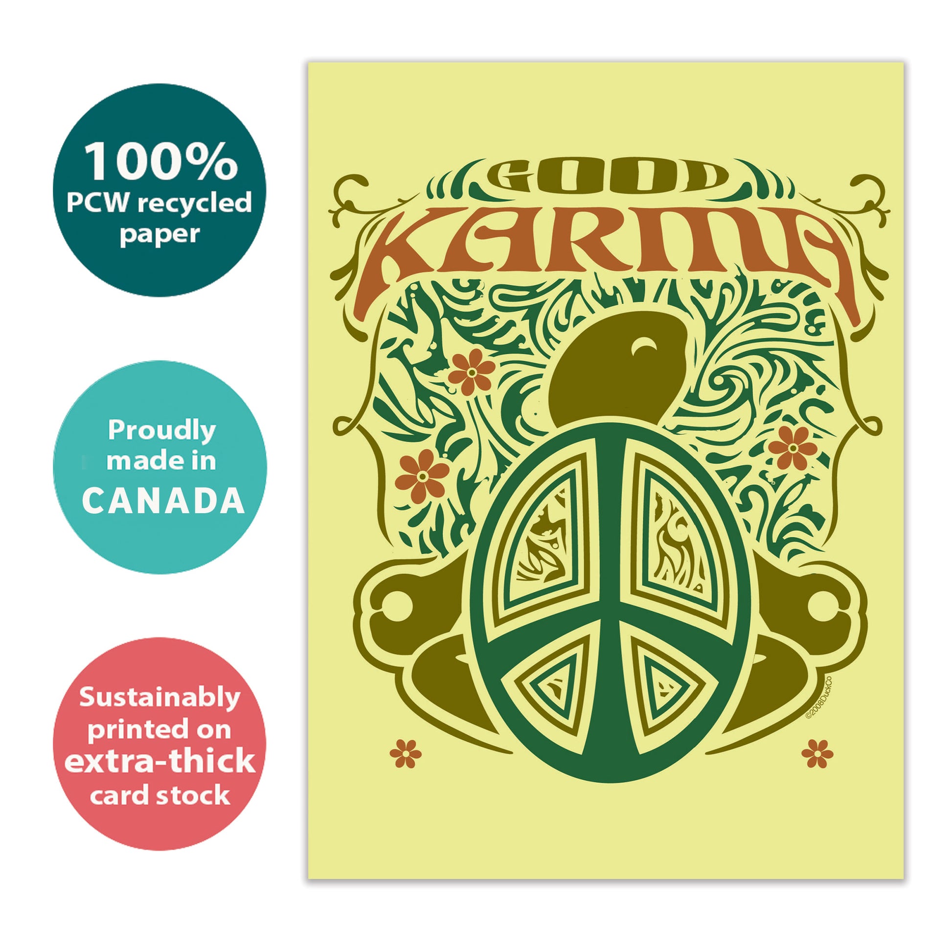 Front view of a Birthday greeting card with a green turtle illustration and "Good Karma," highlighting its eco-friendly materials and made in Canada.