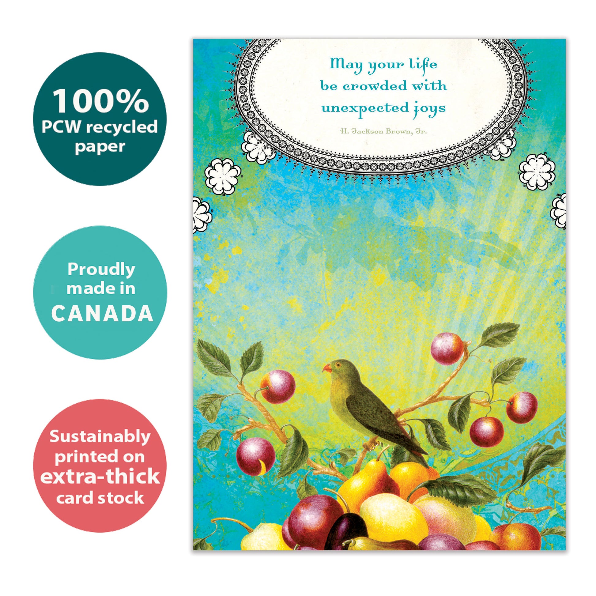 Front view of a Birthday greeting card with a joyful message and an illustration of a bird amidst fruit, highlighting its eco-friendly materials and made in Canada.