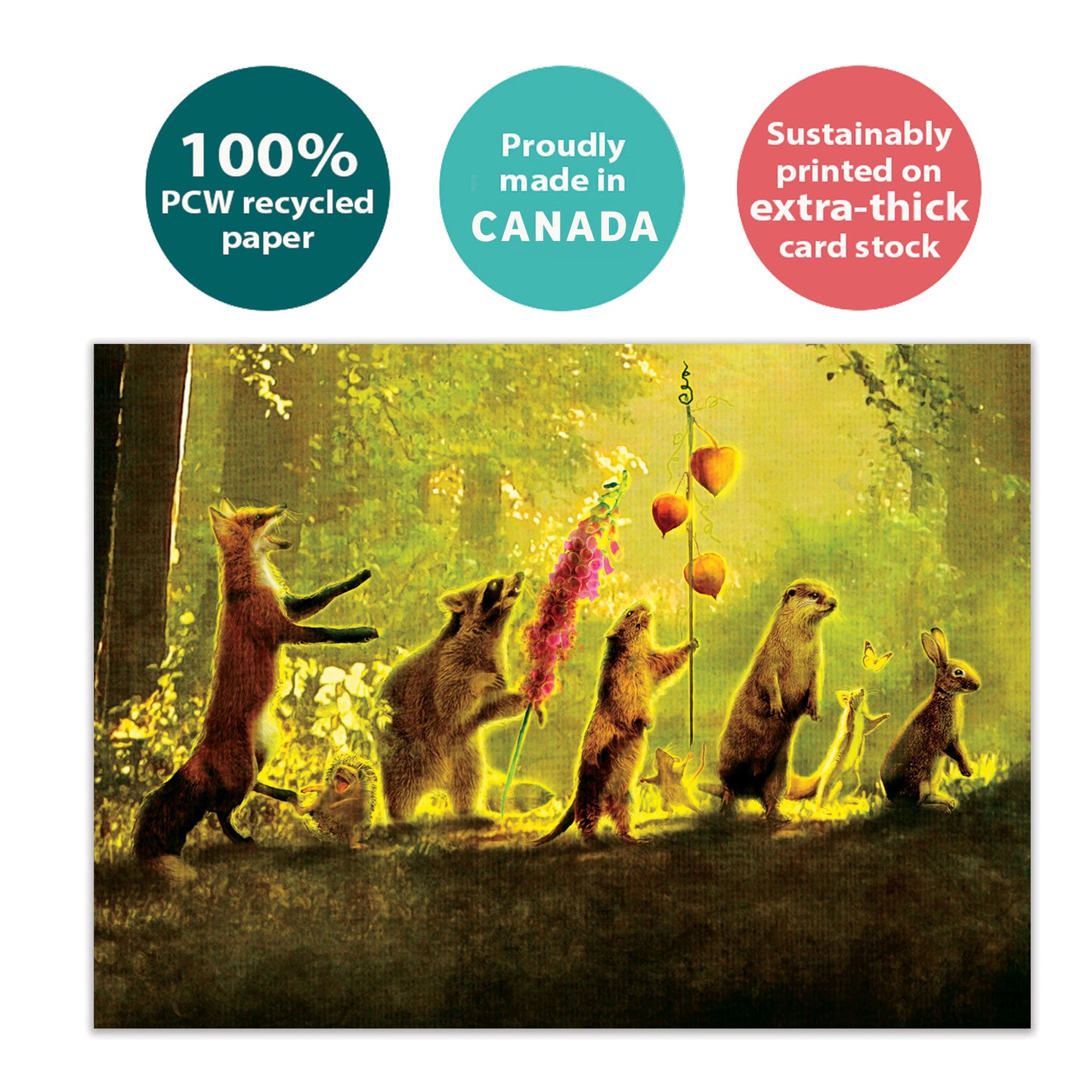 Front view of a Birthday greeting card with an illustration of forest animals in a parade, highlighting its eco-friendly materials and made in Canada.