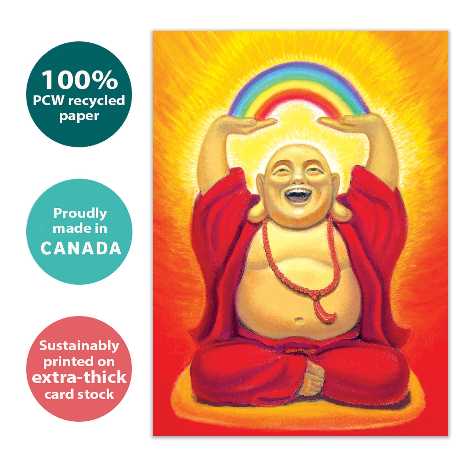 Front view of a Birthday greeting card with an illustration of a laughing Buddha and a rainbow, highlighting its eco-friendly materials and made in Canada.