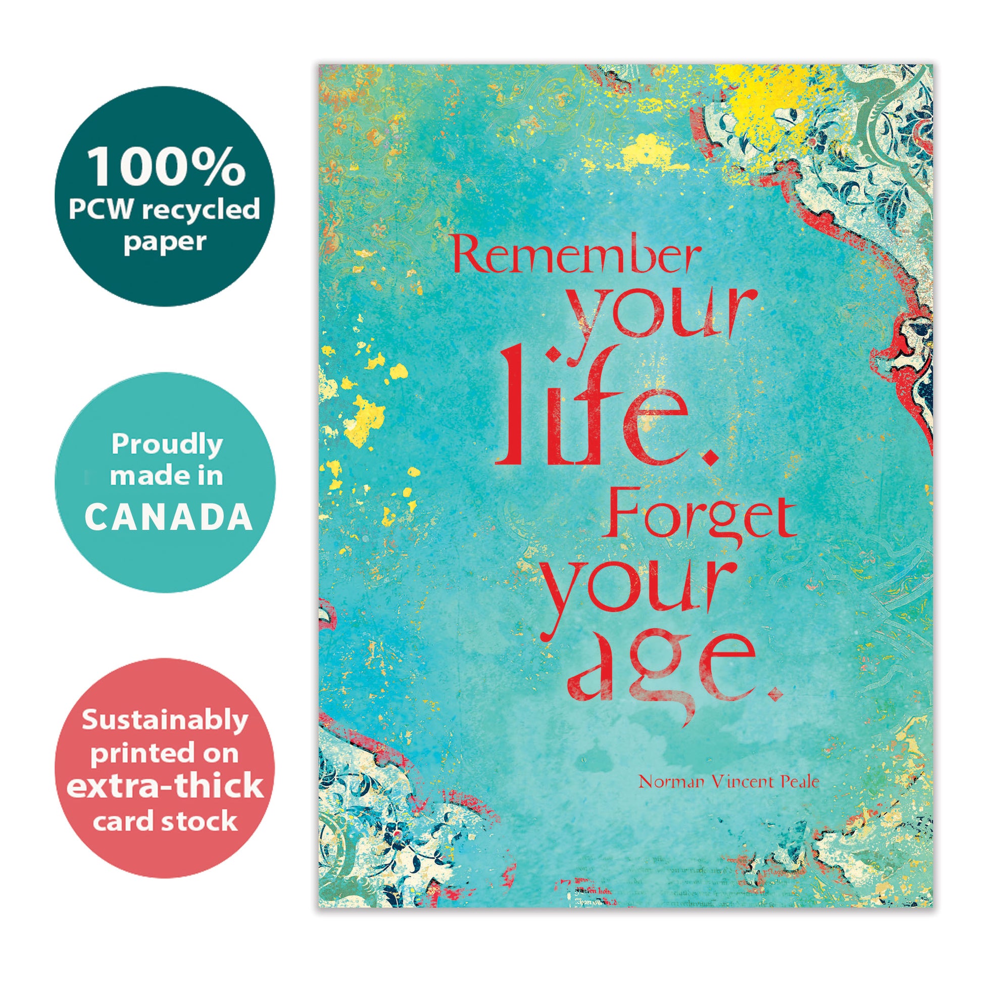 Front view of a Birthday greeting card with a message about life and aging on an artistic blue background, highlighting its eco-friendly materials and made in Canada.