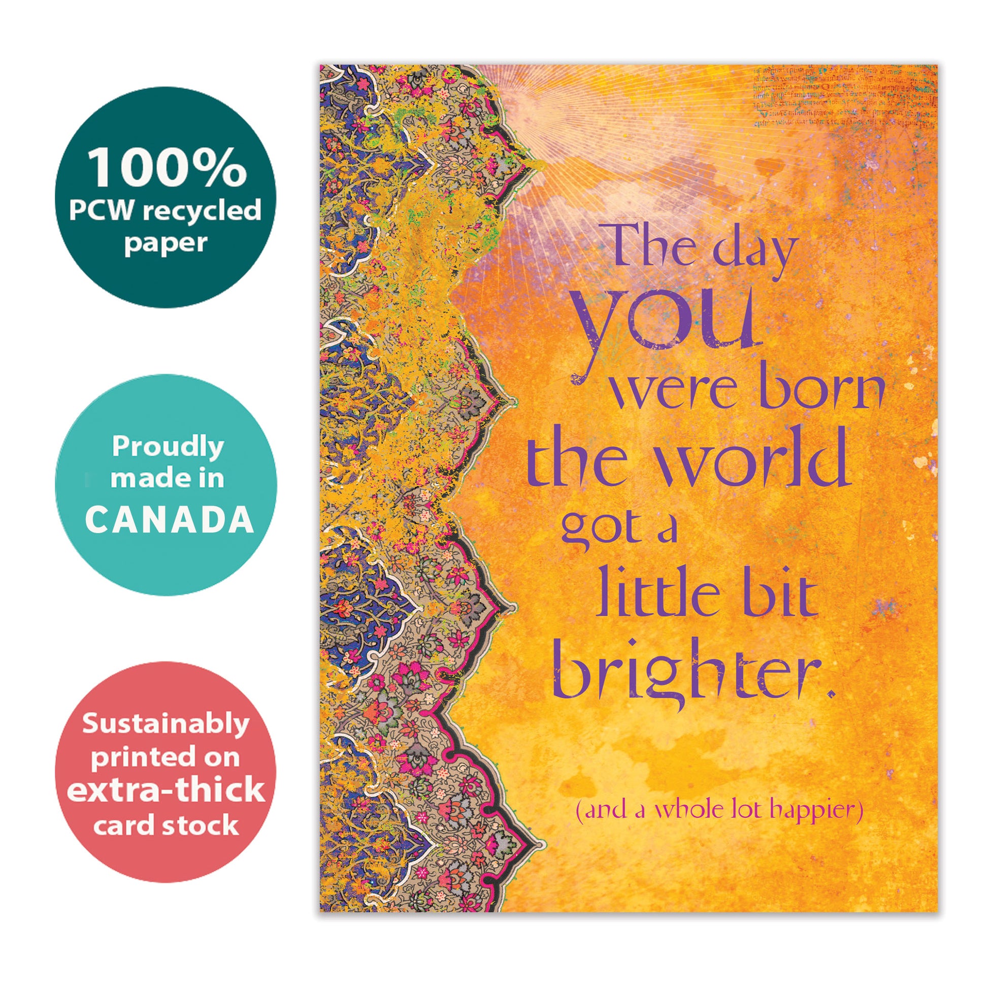Front view of a Birthday greeting card with a thoughtful message on an artistic amber background, highlighting its eco-friendly materials and made in Canada.