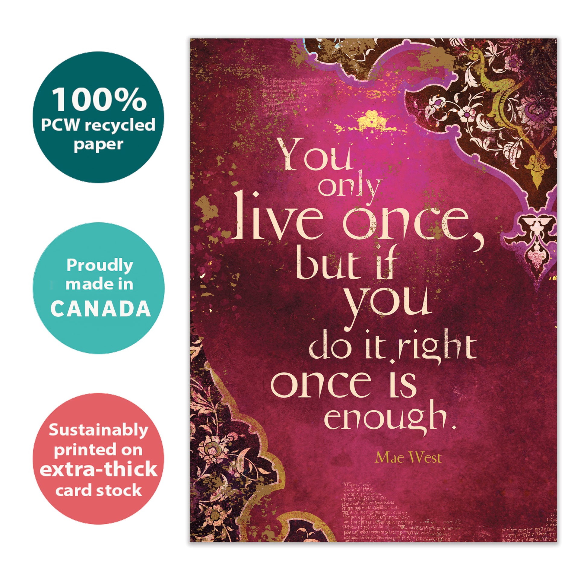 Front view of a Birthday greeting card with an inspiring message about living life on a wine coloured background, highlighting its eco-friendly materials and made in Canada.
