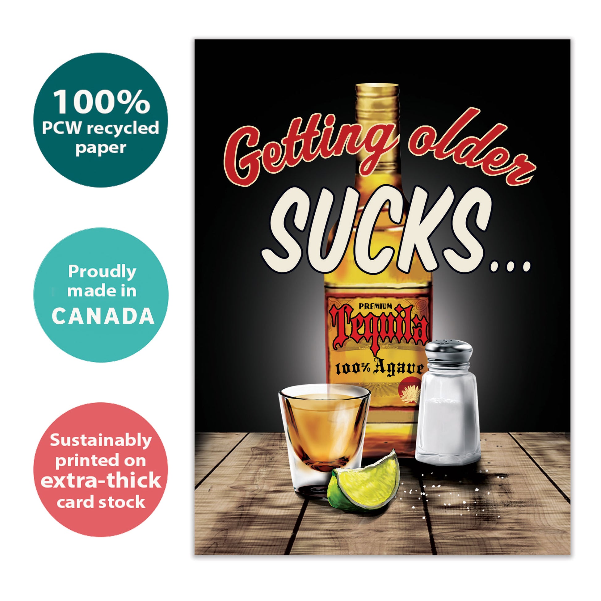 Front view of a Birthday greeting card with an illustration of tequila and salt and the message "getting older sucks," highlighting its eco-friendly materials and made in Canada.