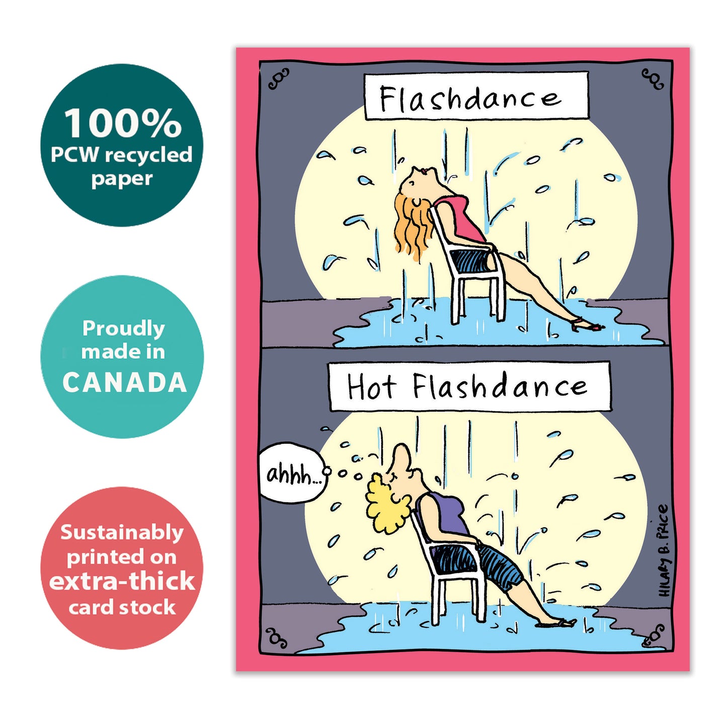 Front view of a Birthday greeting card with a cartoon illustration of a woman experiencing a hot flash under the rain, highlighting its eco-friendly materials and made in Canada.