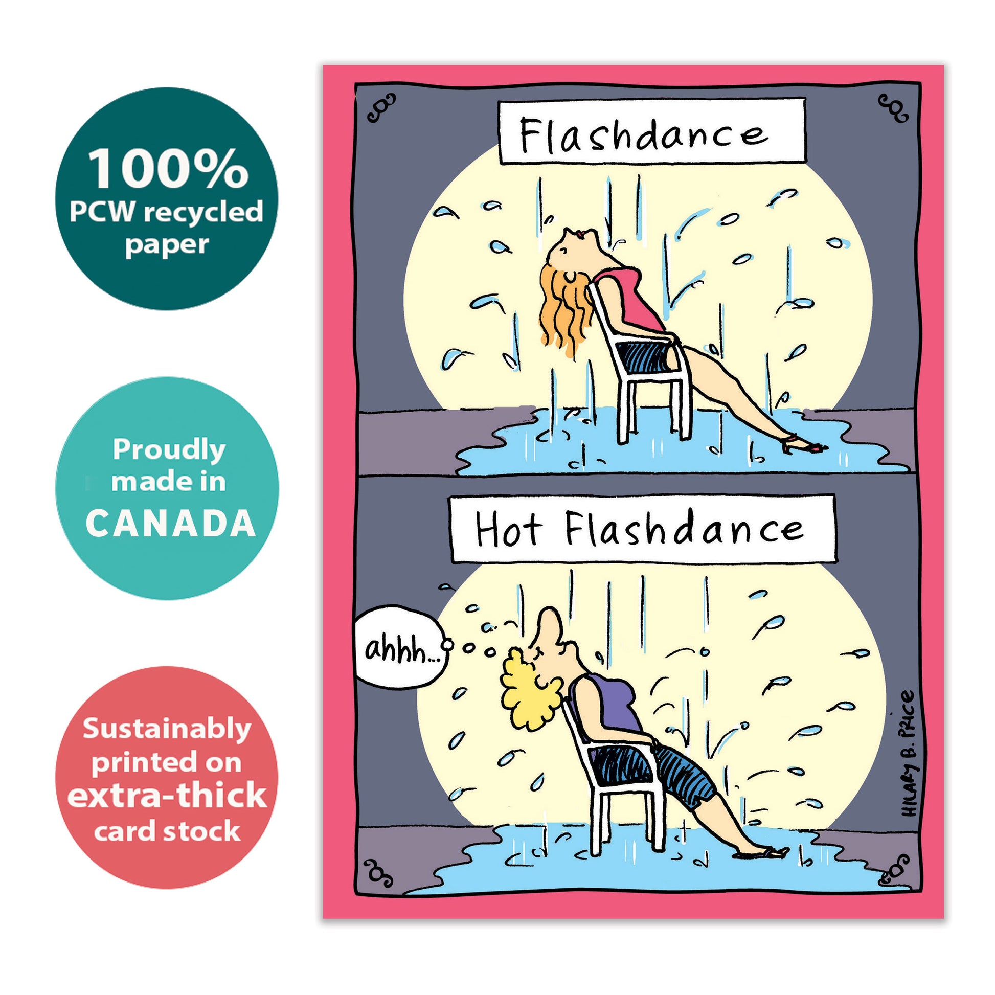 Front view of a Birthday greeting card with a cartoon illustration of a woman experiencing a hot flash under the rain, highlighting its eco-friendly materials and made in Canada.