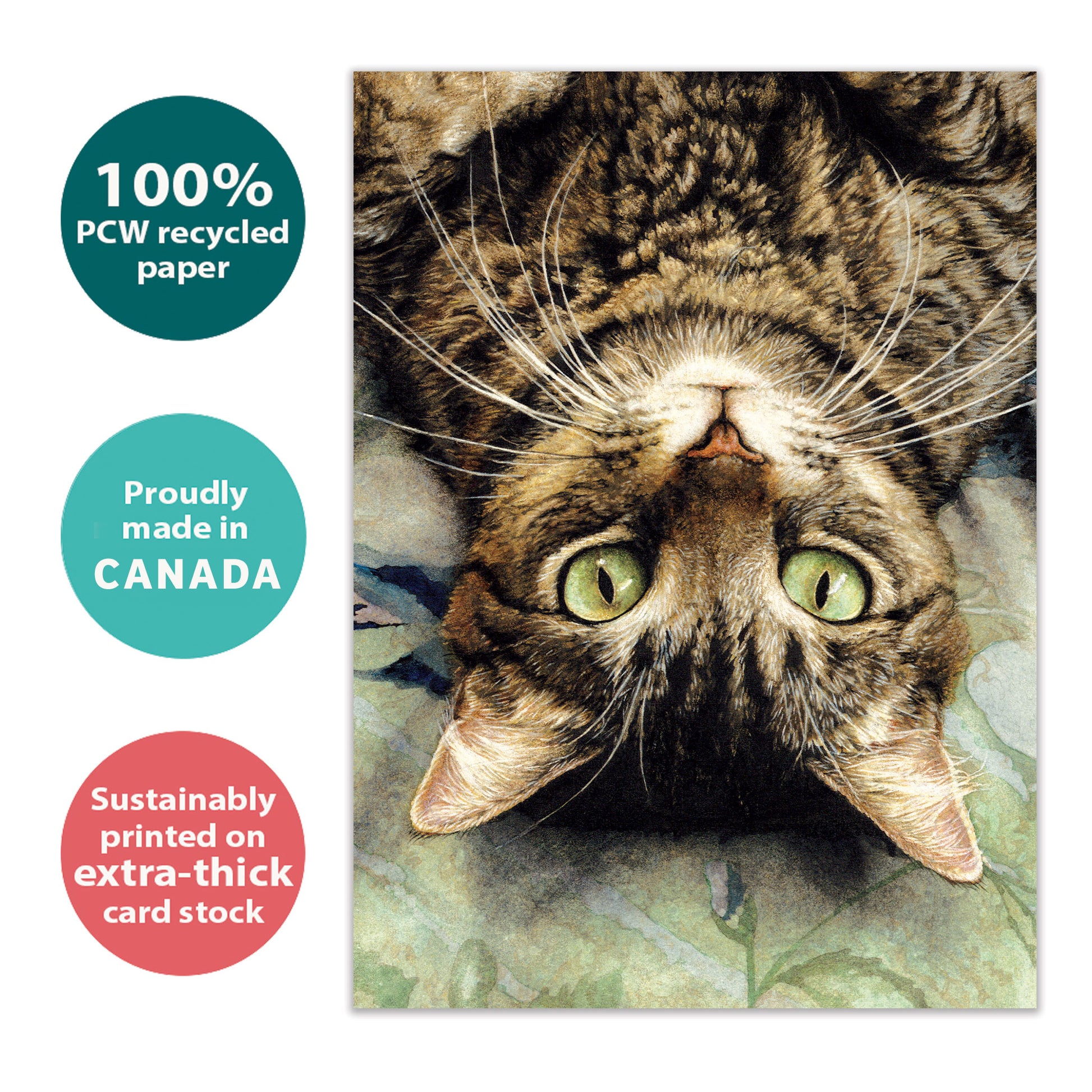 Front view of a Birthday greeting card with an image of a cat's face upside down, highlighting its eco-friendly materials and made in Canada.