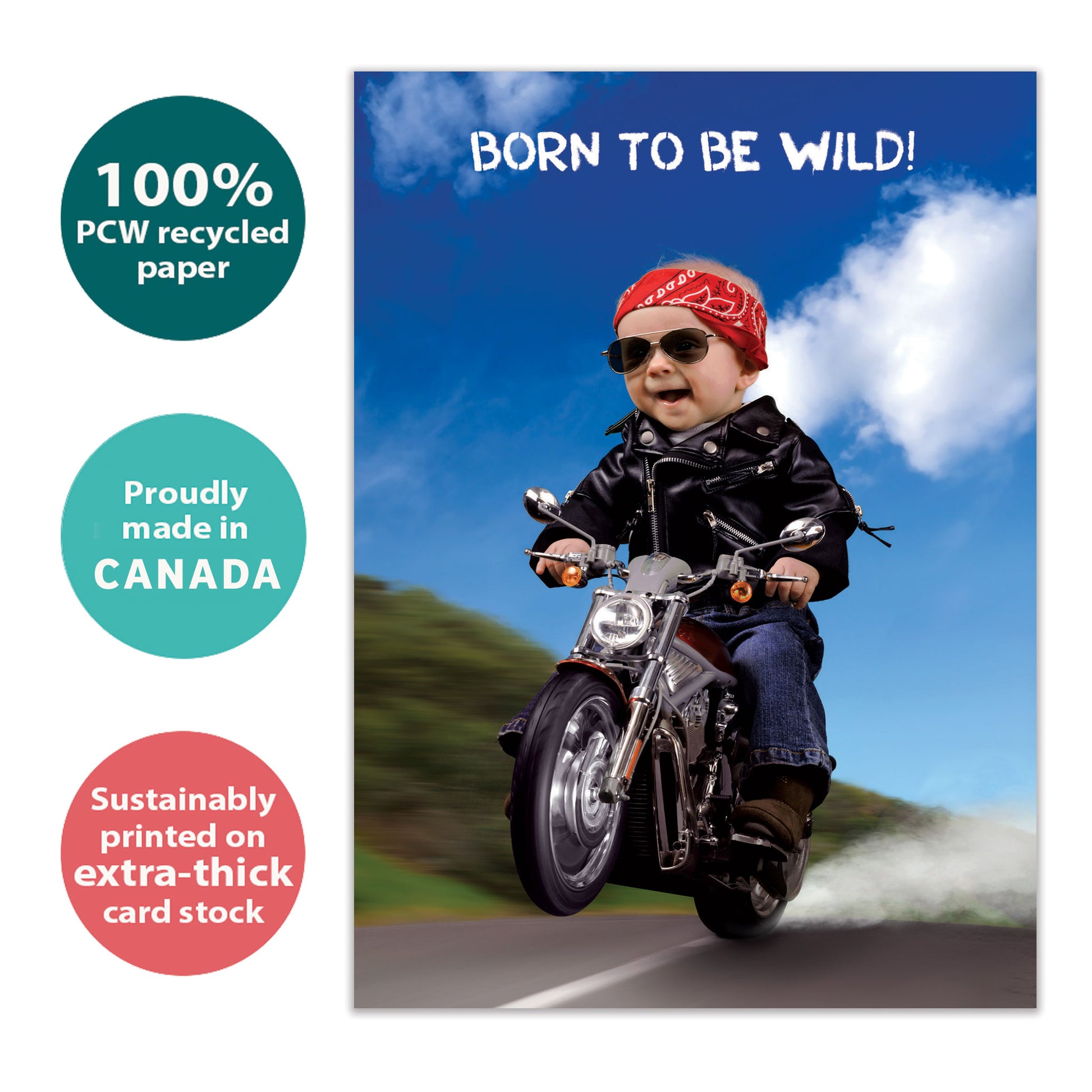 Front view of a Birthday greeting card with a baby on a motorcycle, highlighting its eco-friendly materials and made in Canada.