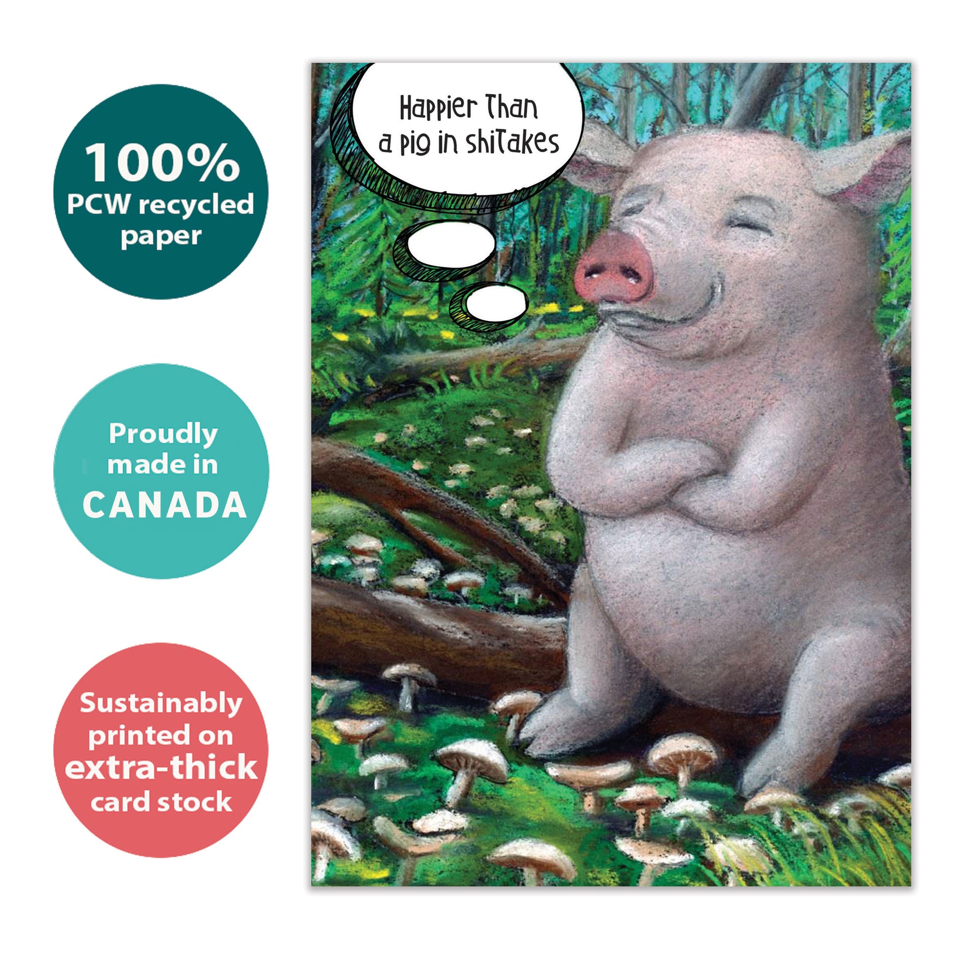 Front view of a Birthday greeting card with a cheerful pig on a log, highlighting its eco-friendly materials and made in Canada.