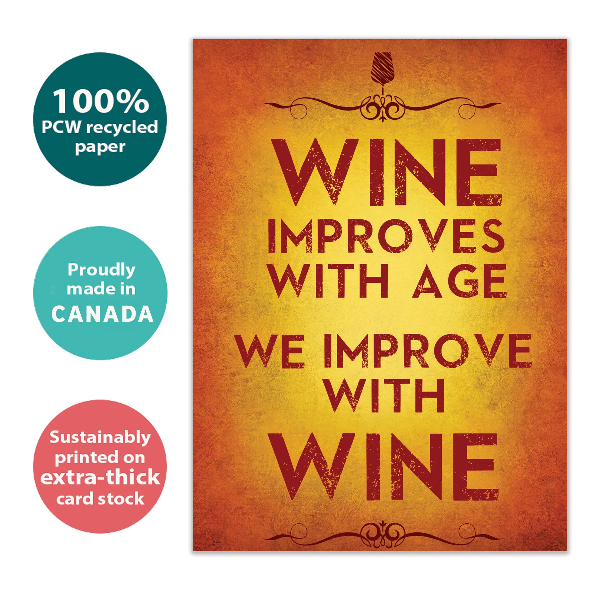 Front view of a Birthday greeting card with a playful message about wine, highlighting its eco-friendly materials and made in Canada.