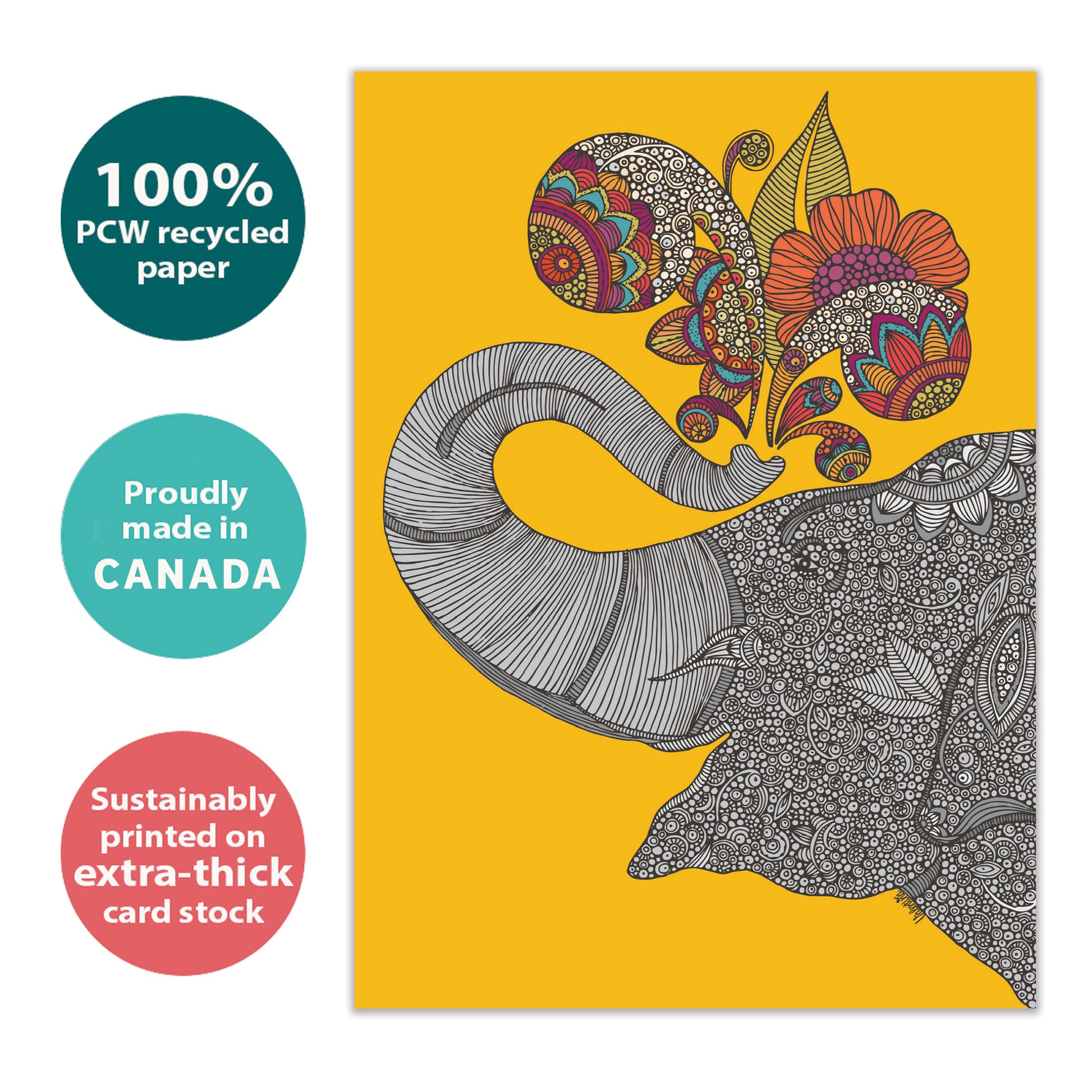 Front view of a Birthday greeting card with a cheerful elephant illustration on an amber background, highlighting its eco-friendly materials and made in Canada.