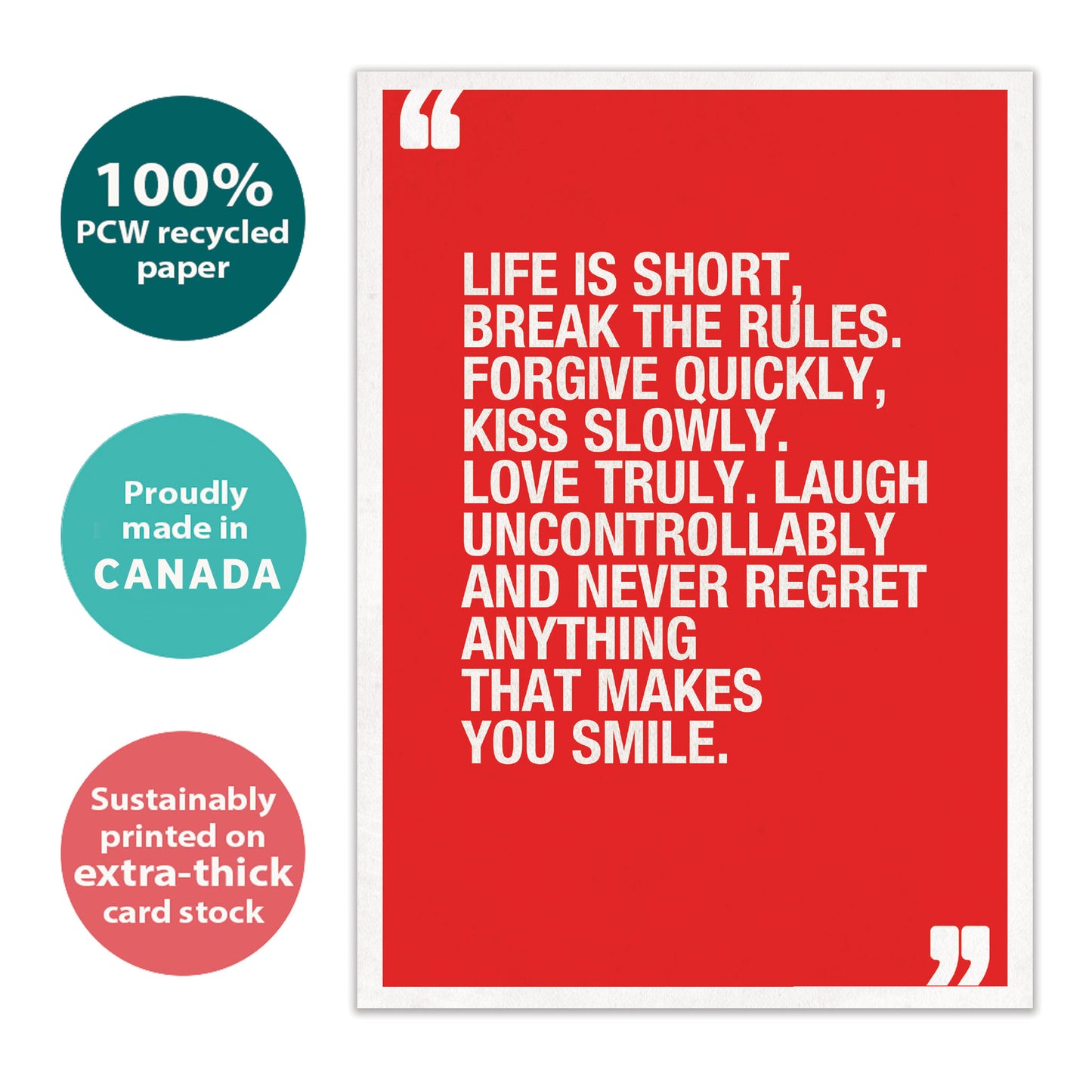 Front view of a Birthday greeting card with a red background and a Mark Twain quote in white text, highlighting its eco-friendly materials and made in Canada.