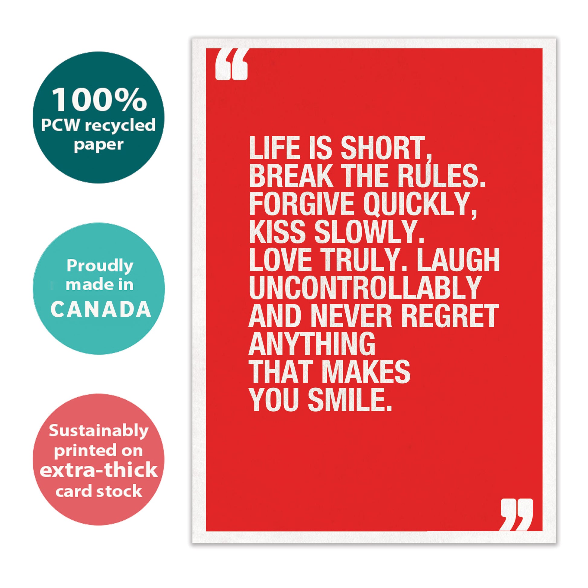 Front view of a Birthday greeting card with a red background and a Mark Twain quote in white text, highlighting its eco-friendly materials and made in Canada.